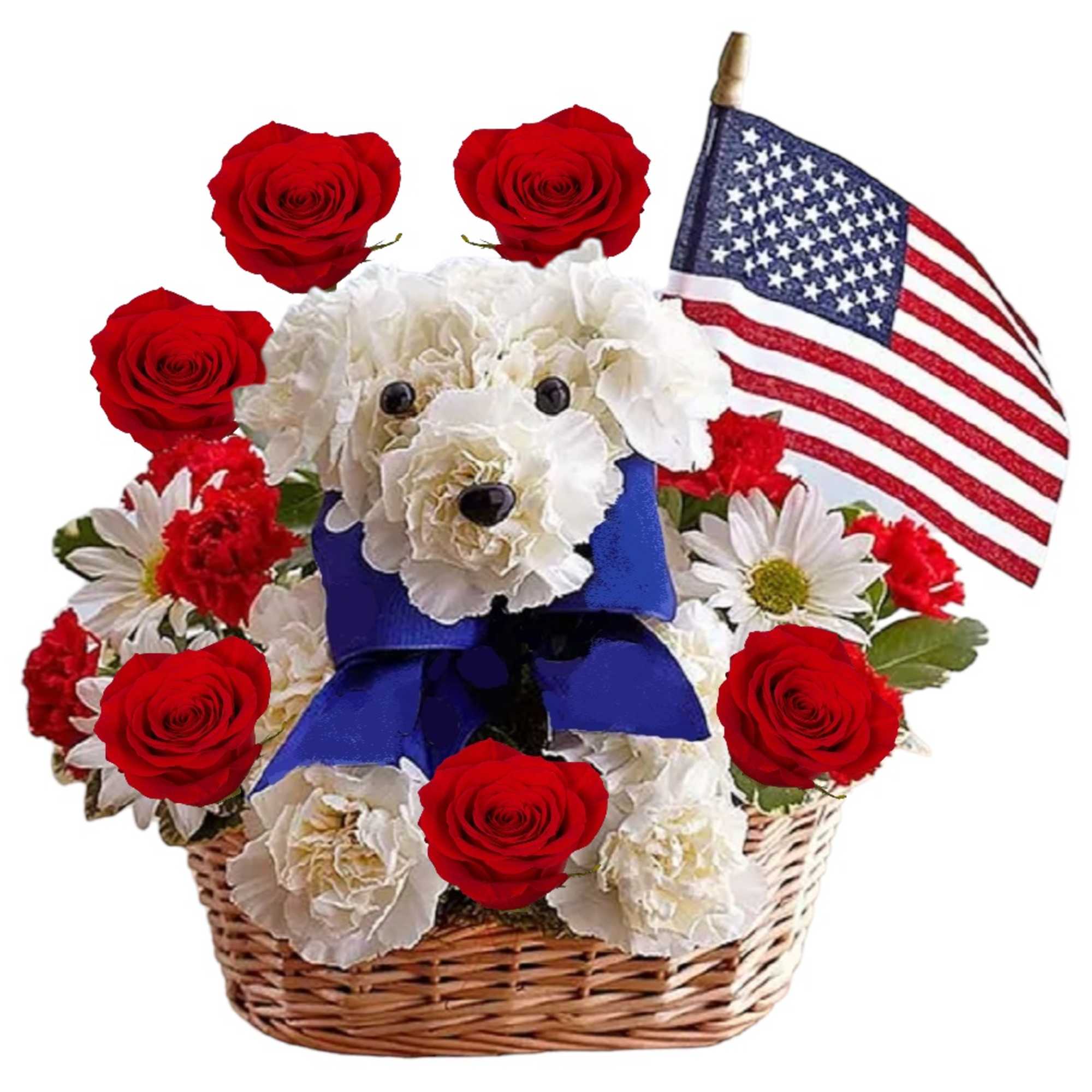 Basket arrangement with red roses, white carnations, and an American flag