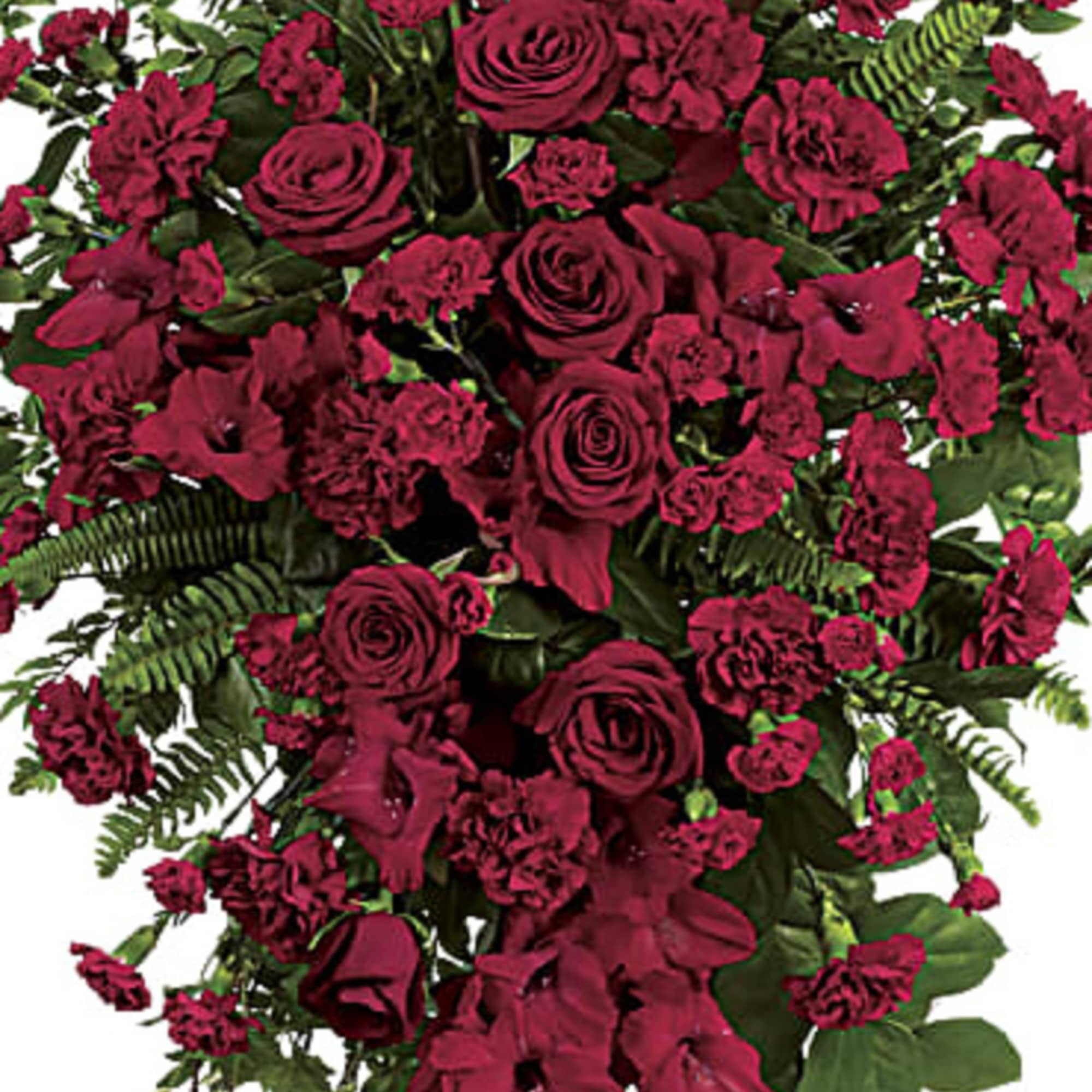 Tall red floral spray with roses and carnations on a stand
