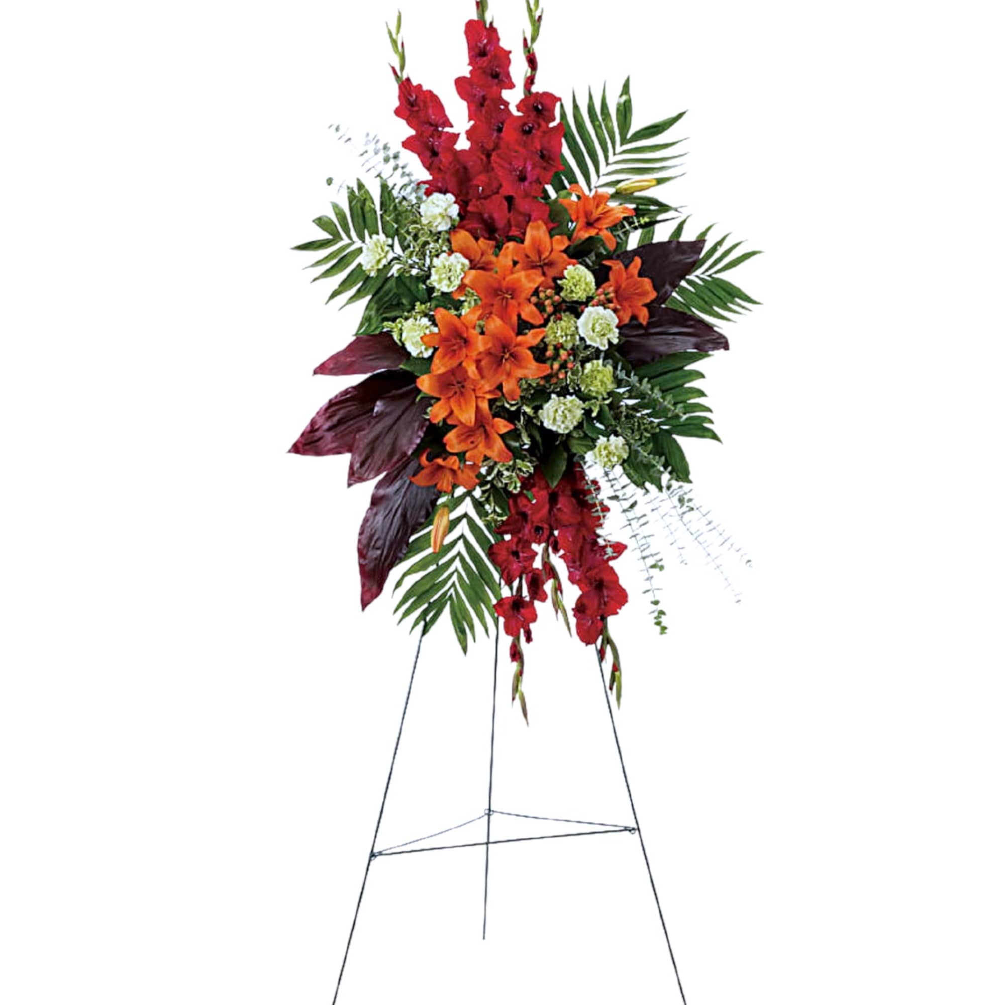 Tall standing floral spray with red and orange flowers on a metal easel, photo 5 of 7