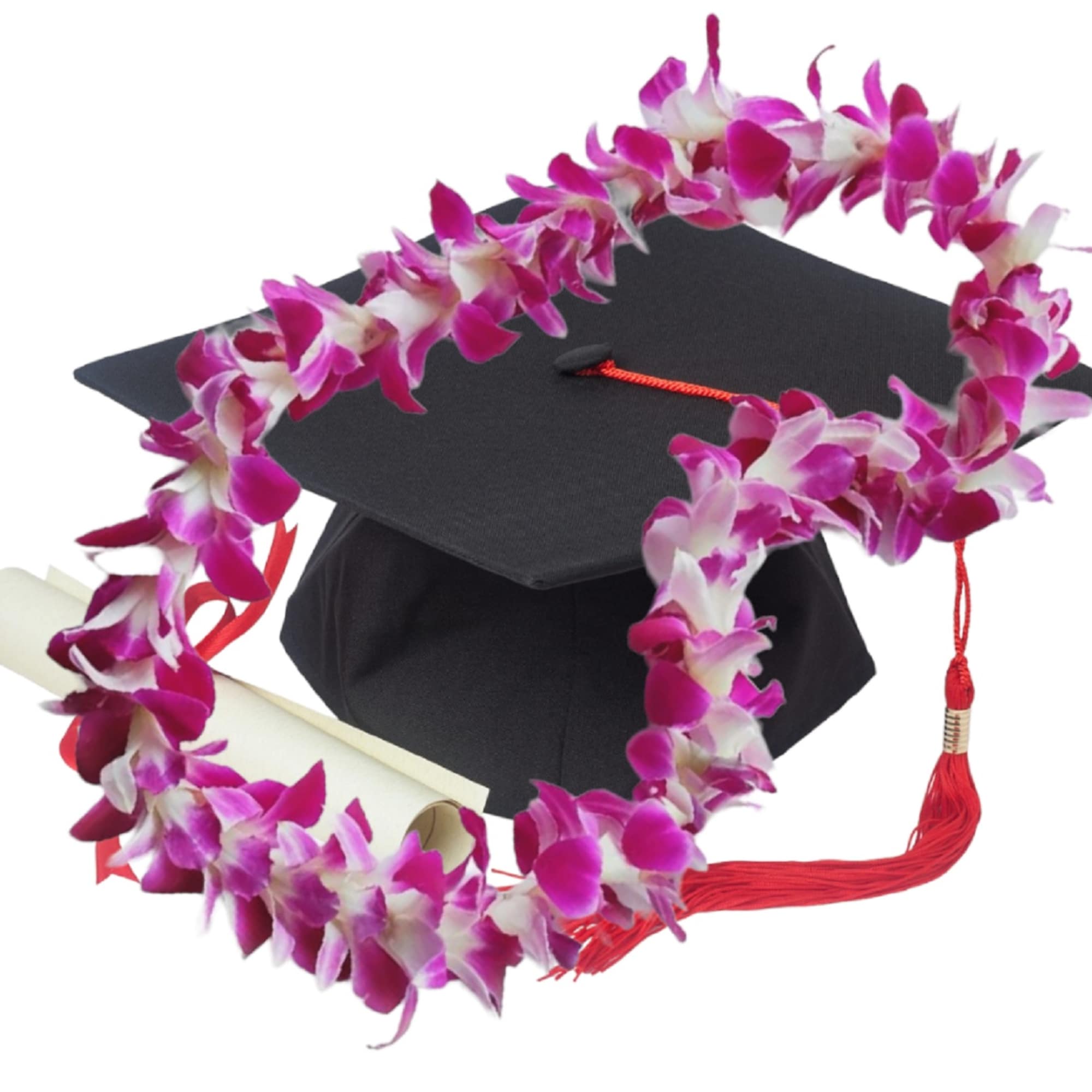 Graduation cap with a purple-and-white orchid lei and diploma