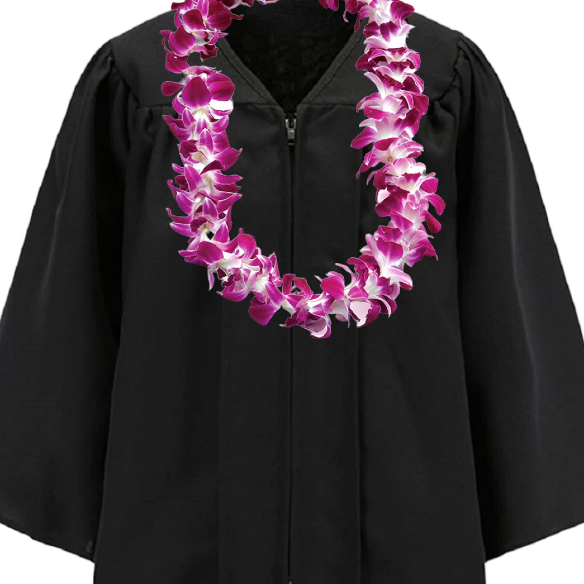 Black graduation gown with a purple orchid lei draped around the neck