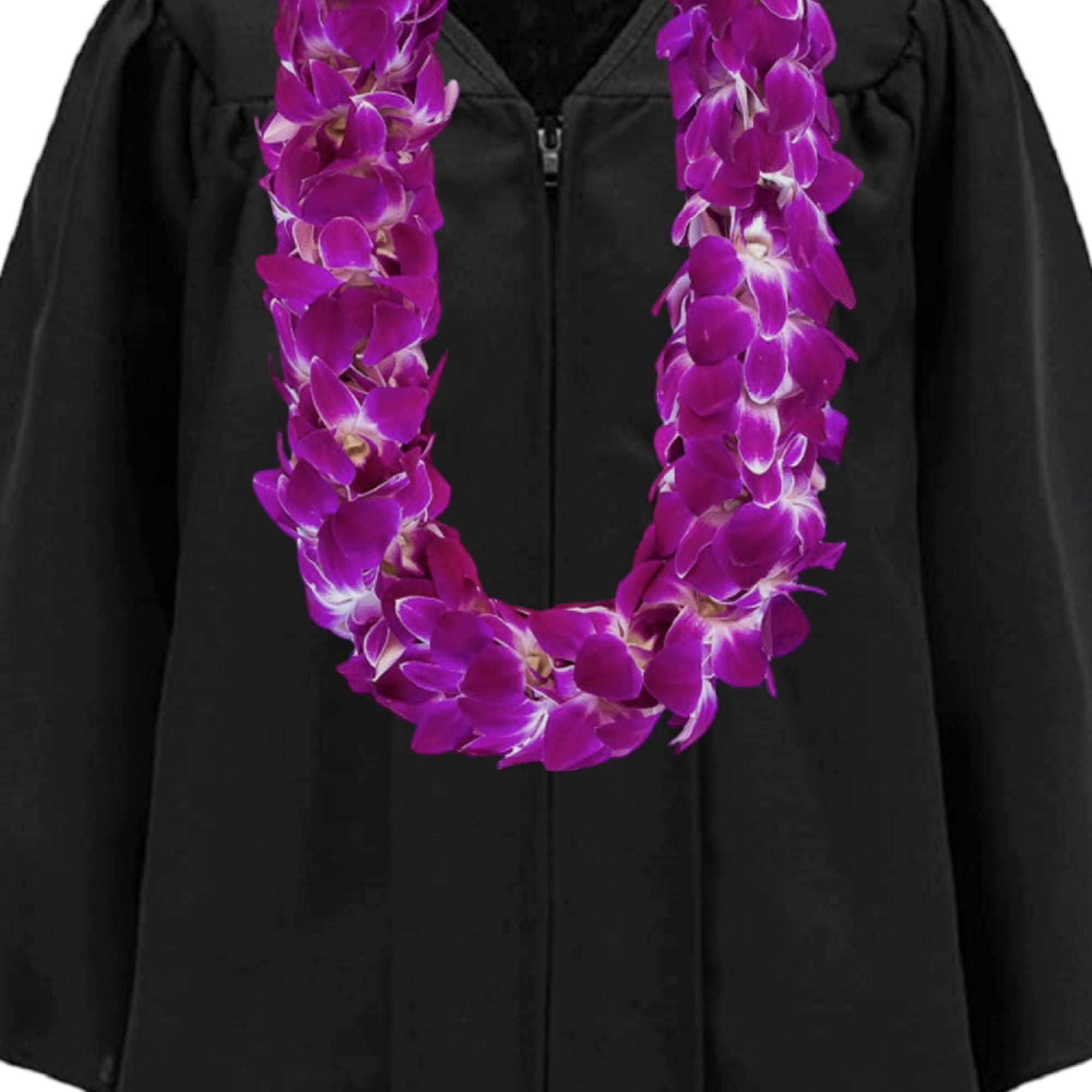 Black graduation gown with a purple orchid lei, photo 2 of 14