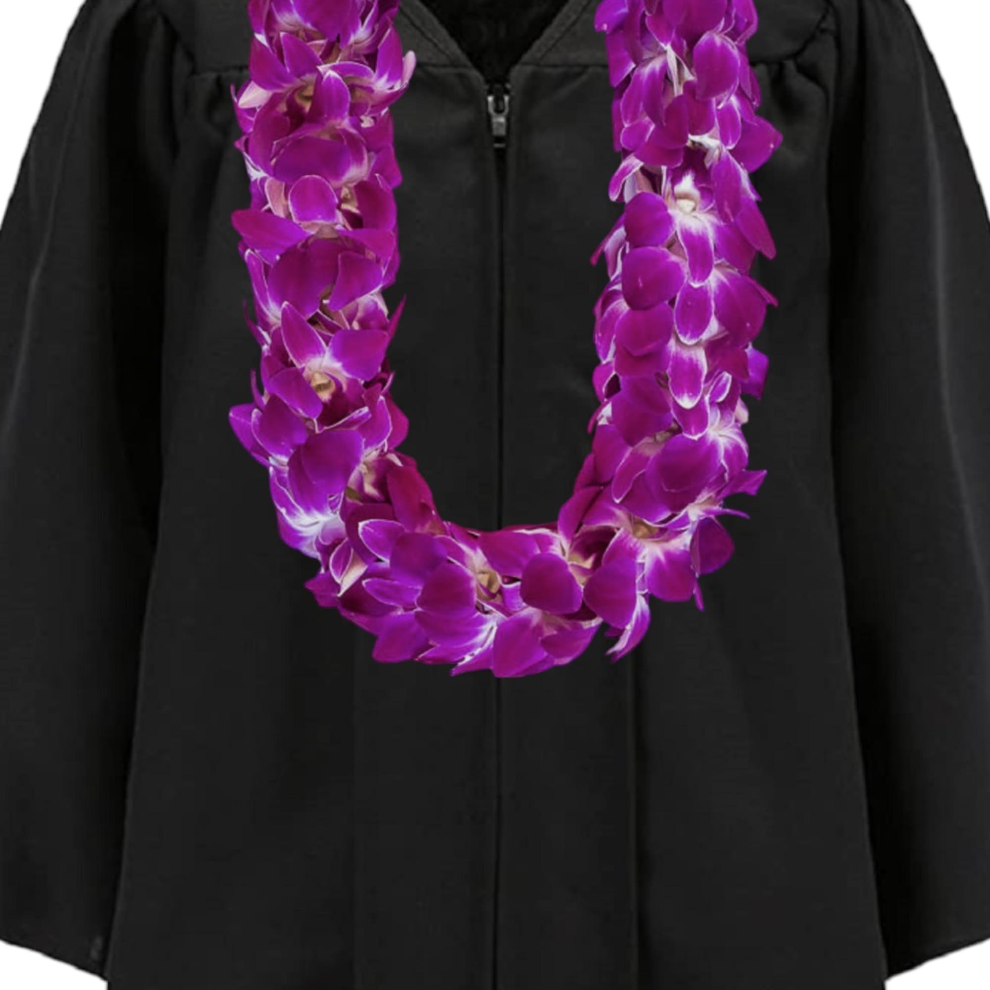 Purple orchid lei draped over a black graduation gown