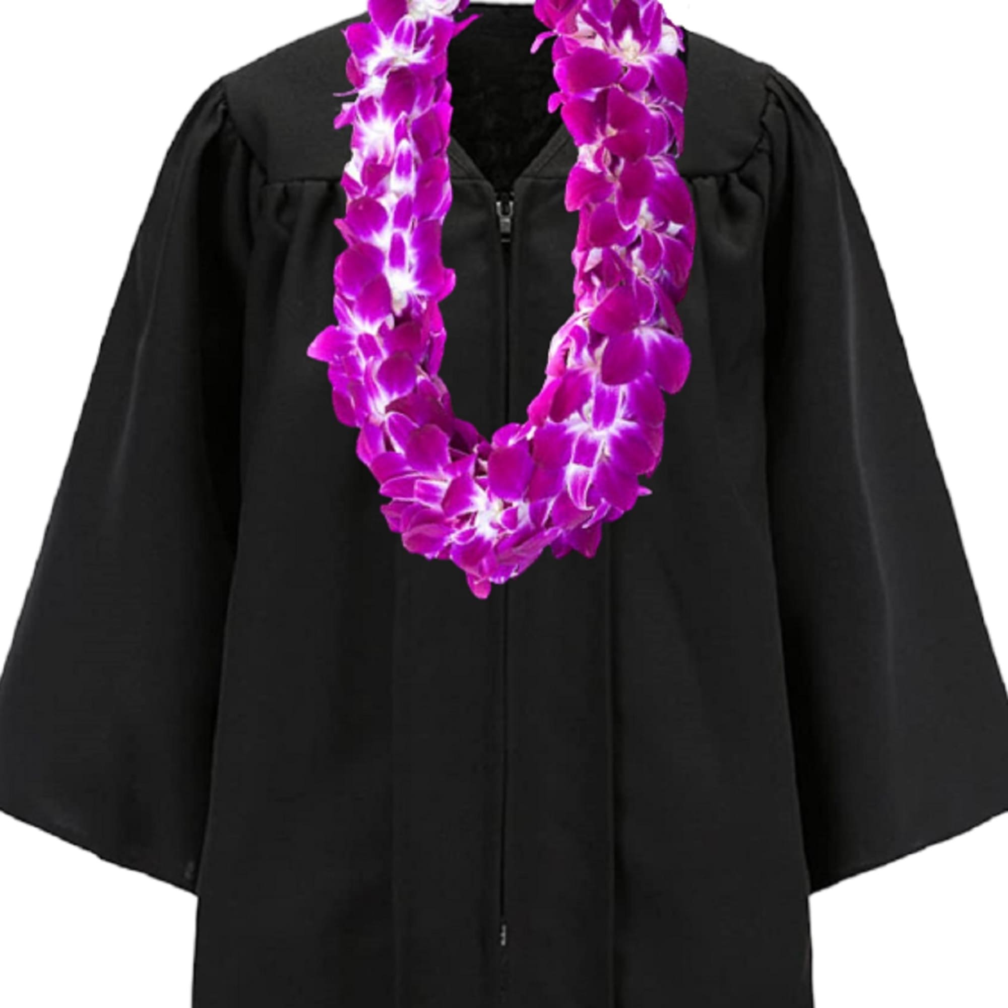 Black graduation gown with a purple orchid lei, photo 13 of 14