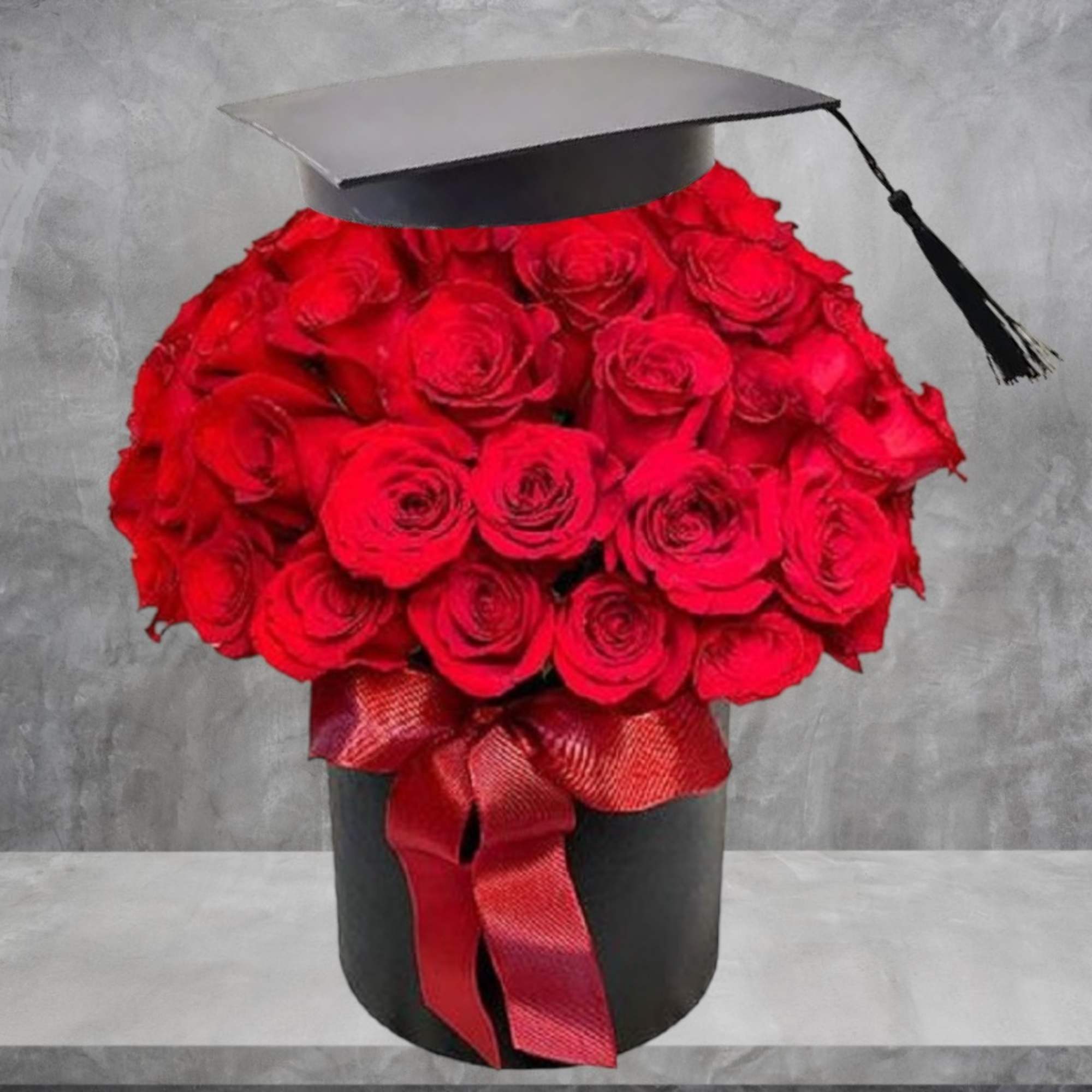 Red rose bouquet in a black box with a graduation cap topper, photo 3 of 4