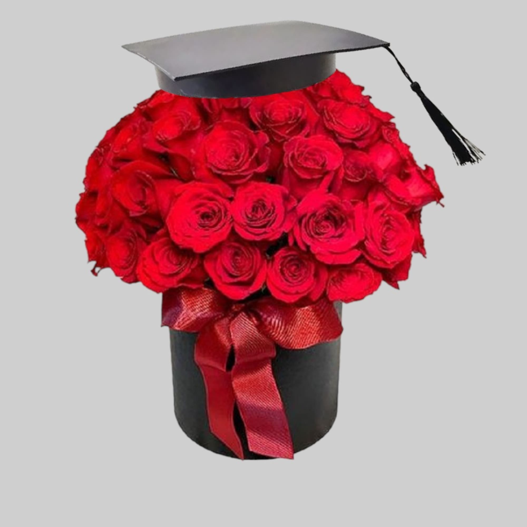 Red rose bouquet in a black box with a graduation cap topper, photo 4 of 4