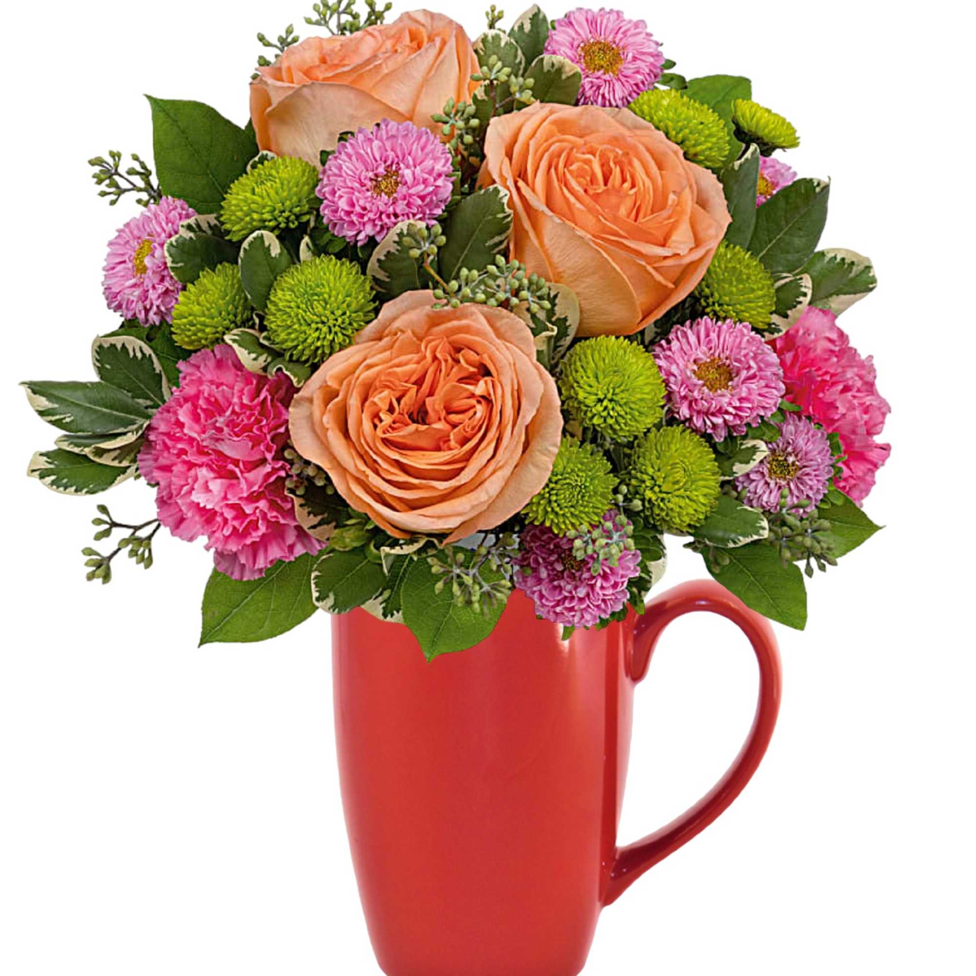 Peach roses and pink flowers arranged in a red mug