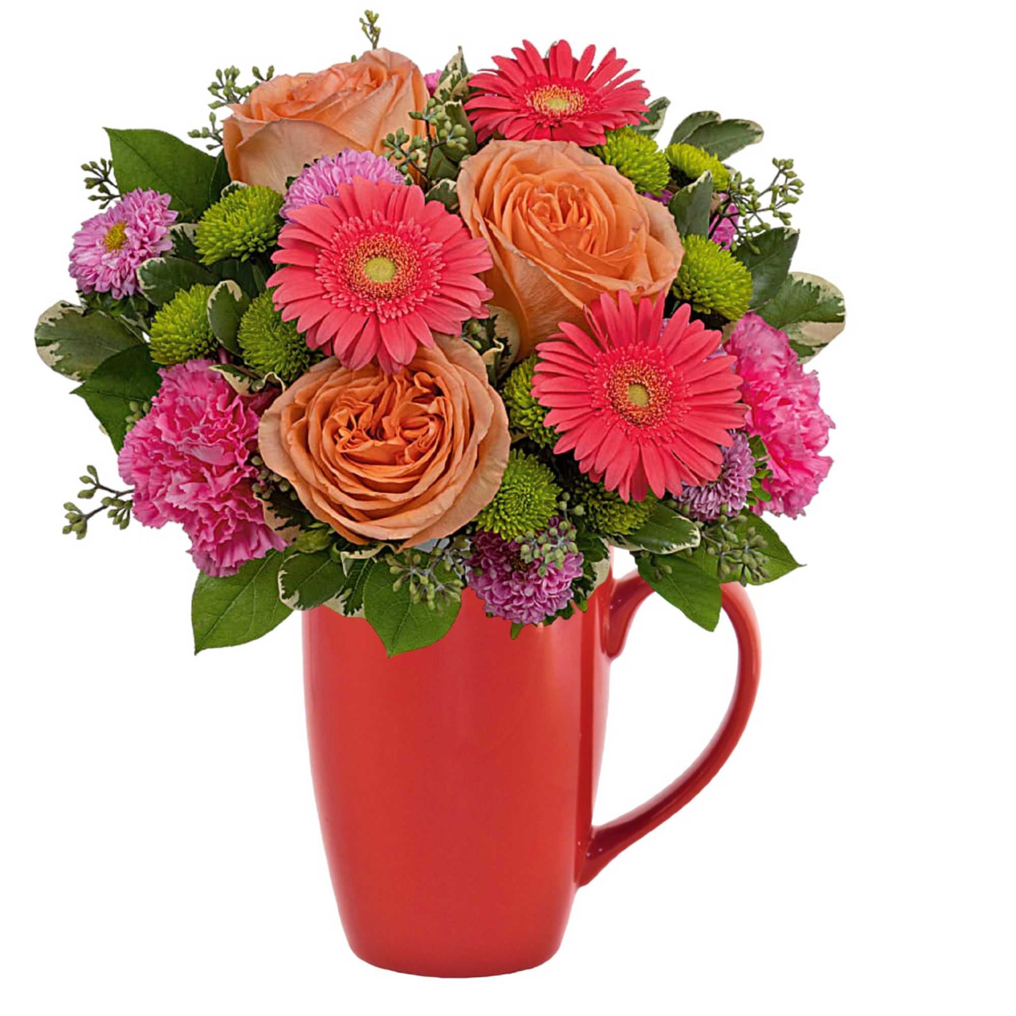 Bouquet of orange roses and pink daisies in a red mug vase