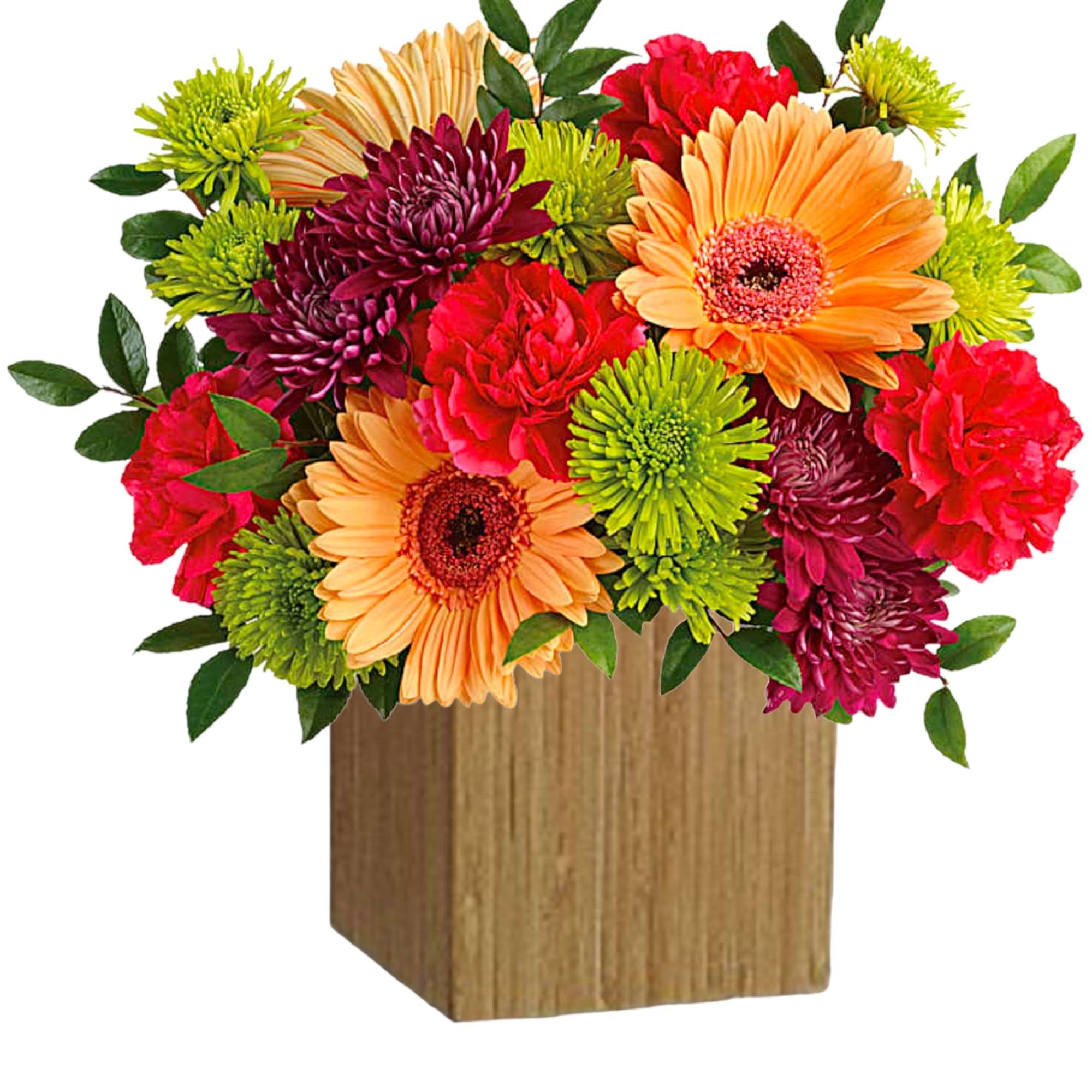 Colorful mixed bouquet in a wooden cube vase