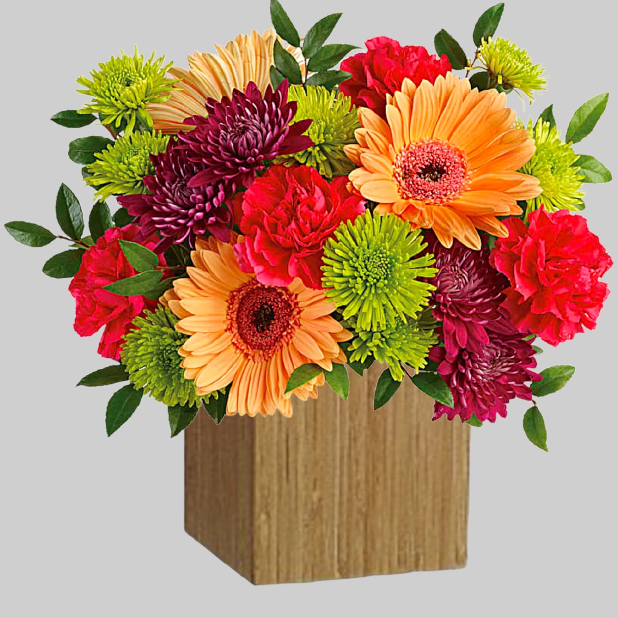 Mixed bouquet of gerbera daisies and chrysanthemums in a wooden cube vase, photo 4 of 4