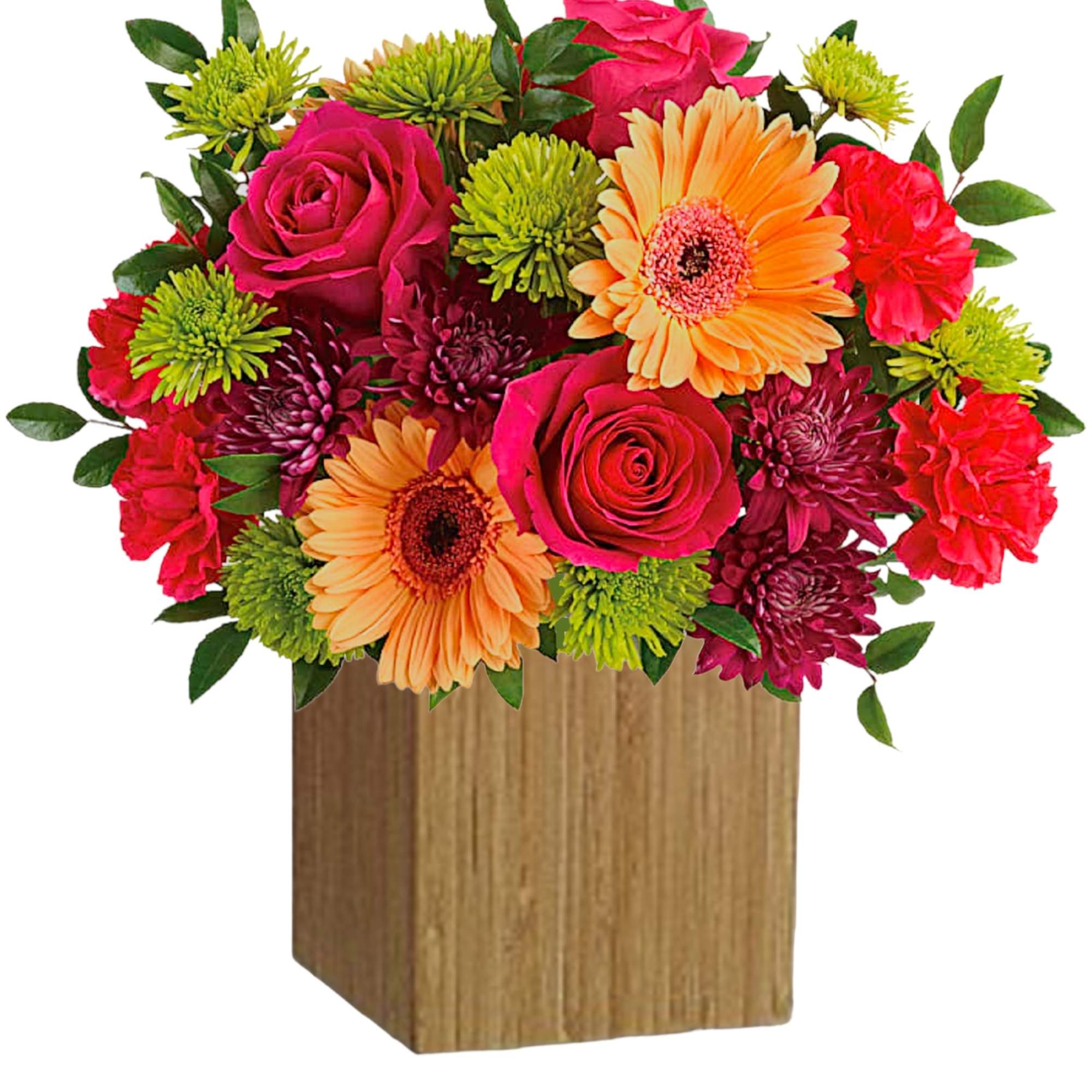 Bright mixed bouquet in a wooden cube vase with roses and gerbera daisies