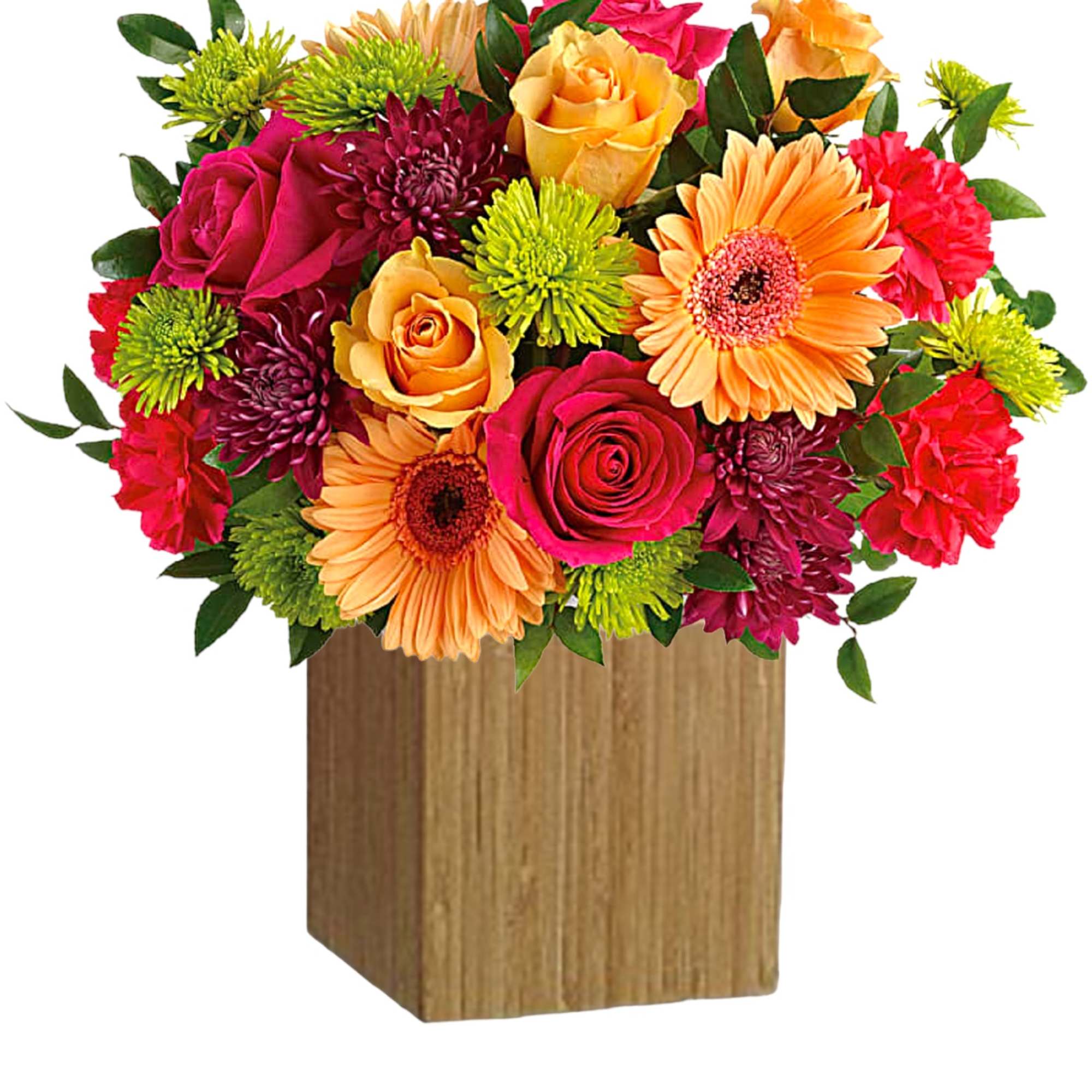 Colorful bouquet of roses, gerbera daisies, and chrysanthemums in a wooden box
