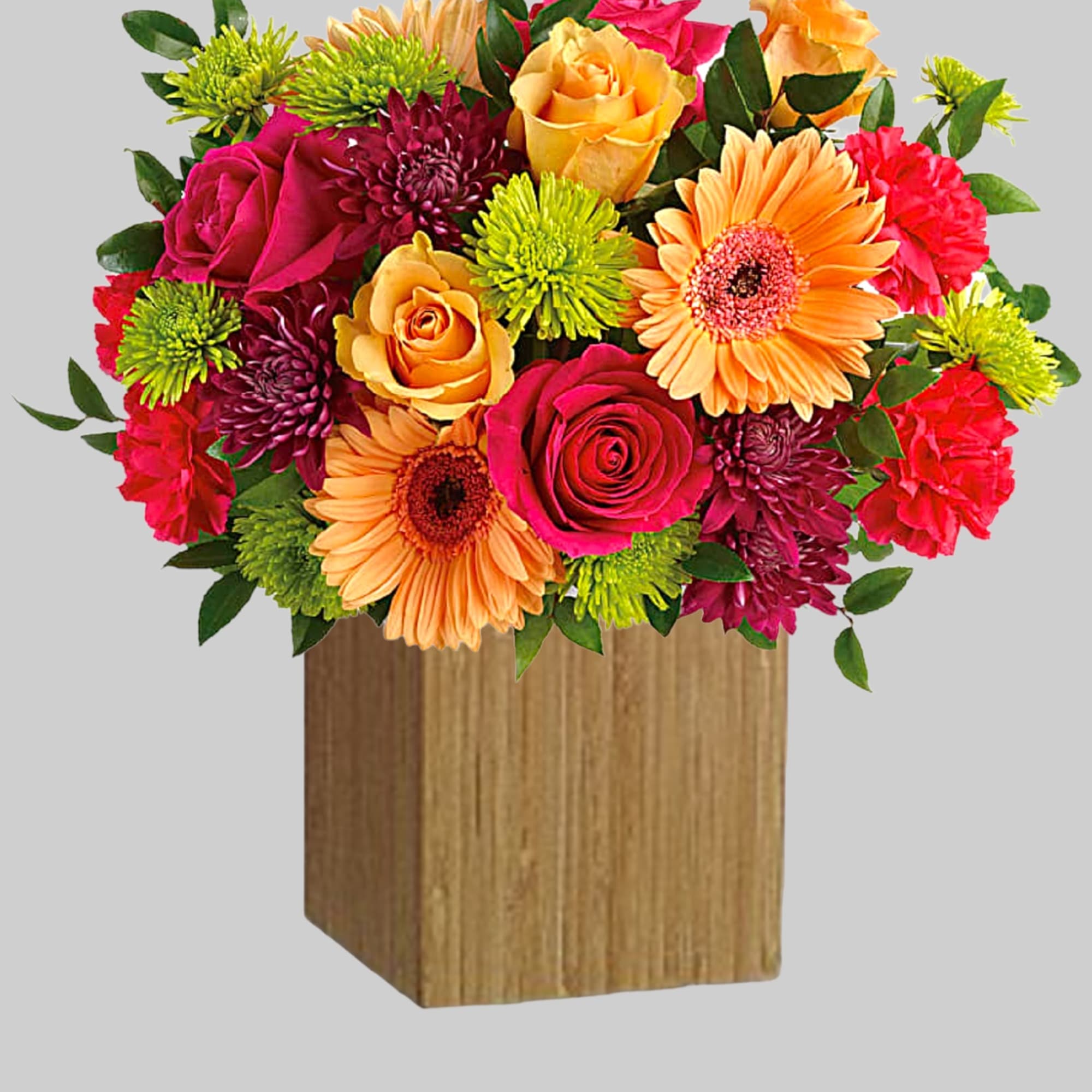 Colorful mixed bouquet in a wooden box