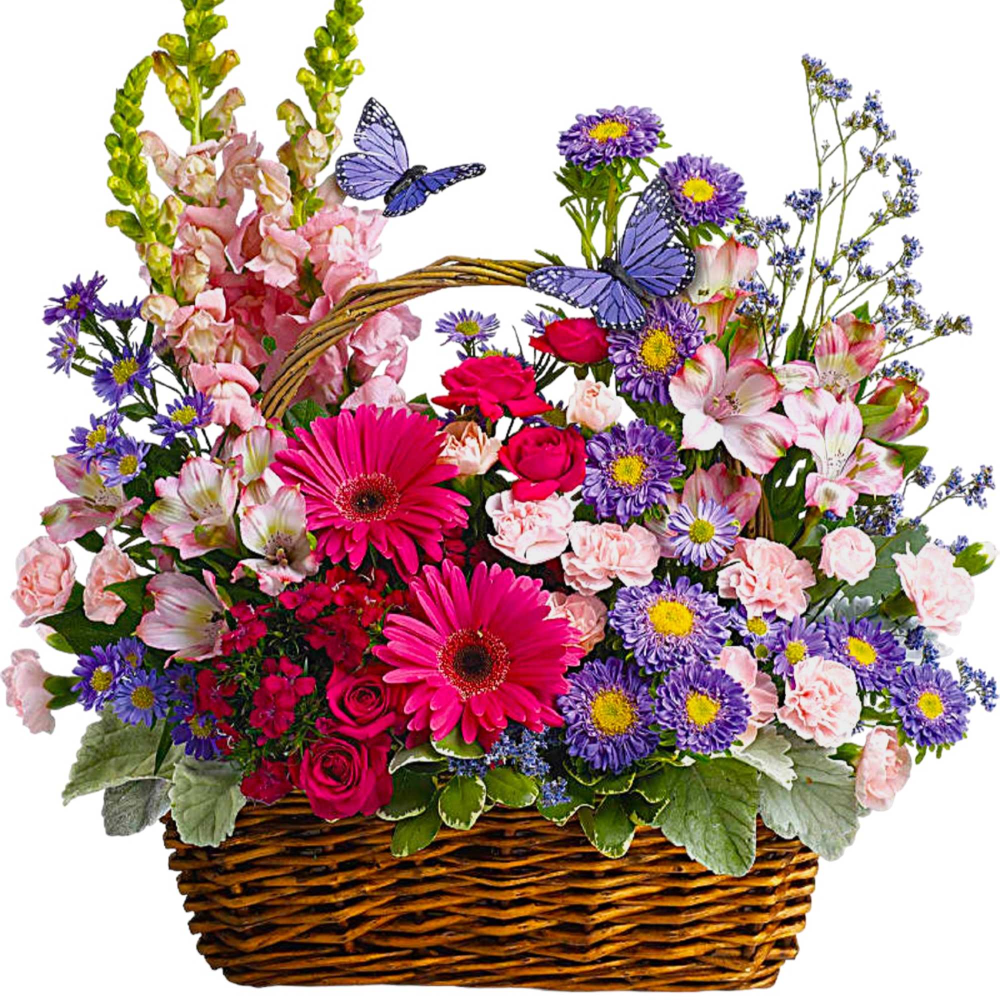 Mixed pink, purple, and white flowers in a wicker basket with butterfly accents