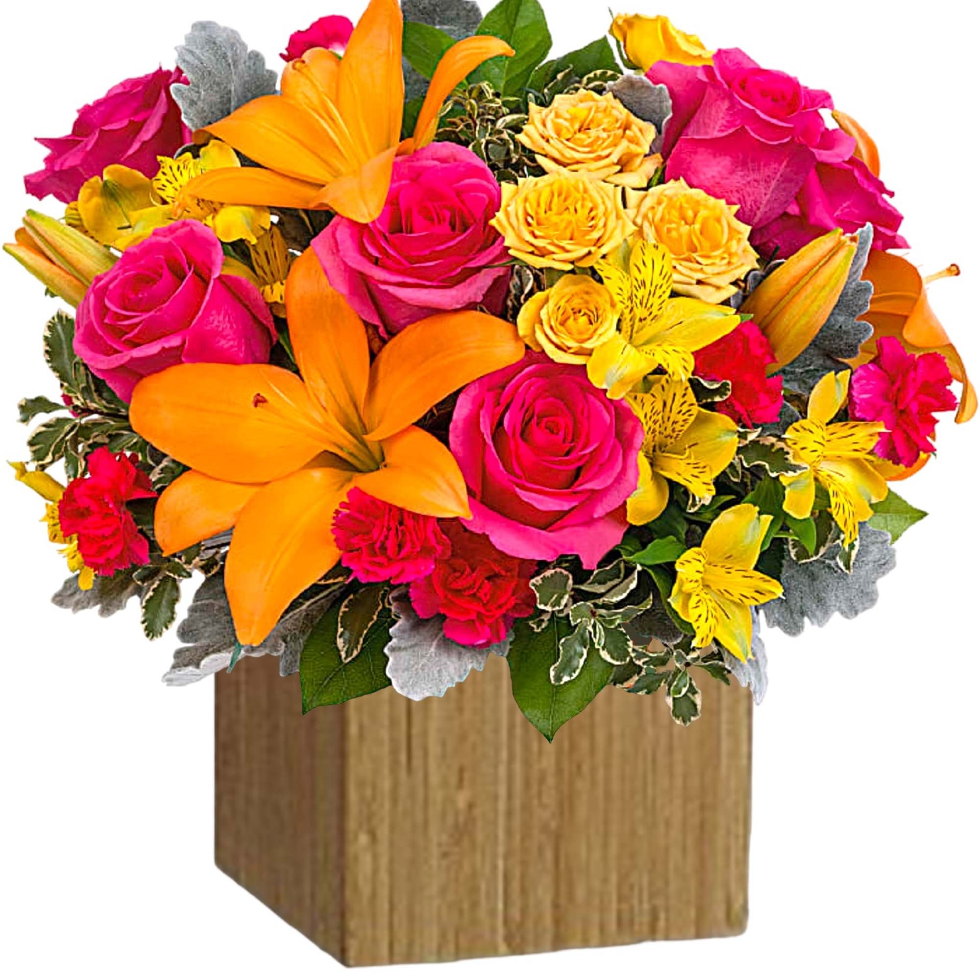 Bright bouquet of pink roses, orange lilies, and yellow flowers in a wooden box