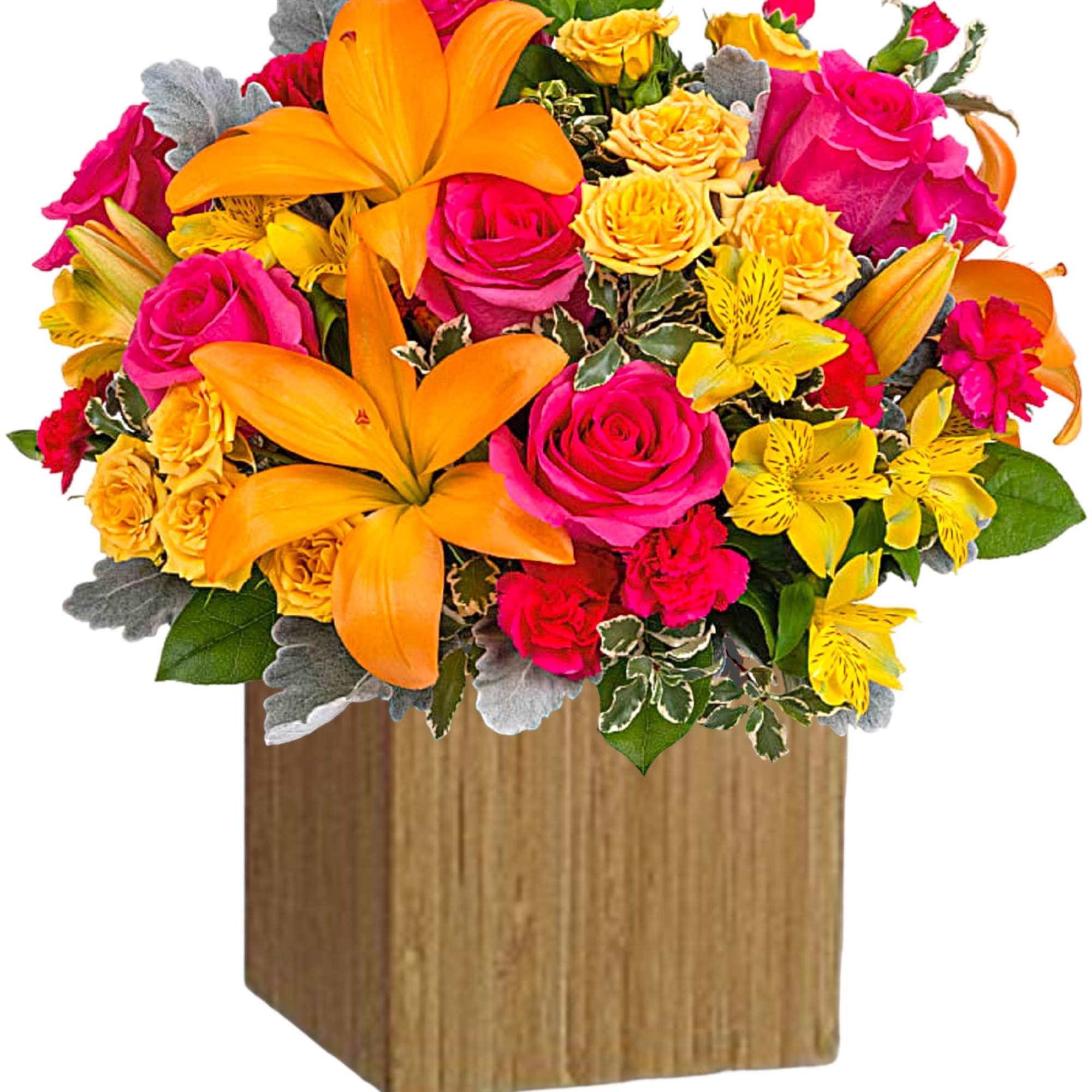 Bright bouquet of orange lilies, pink roses, and yellow flowers in a wooden cube vase
