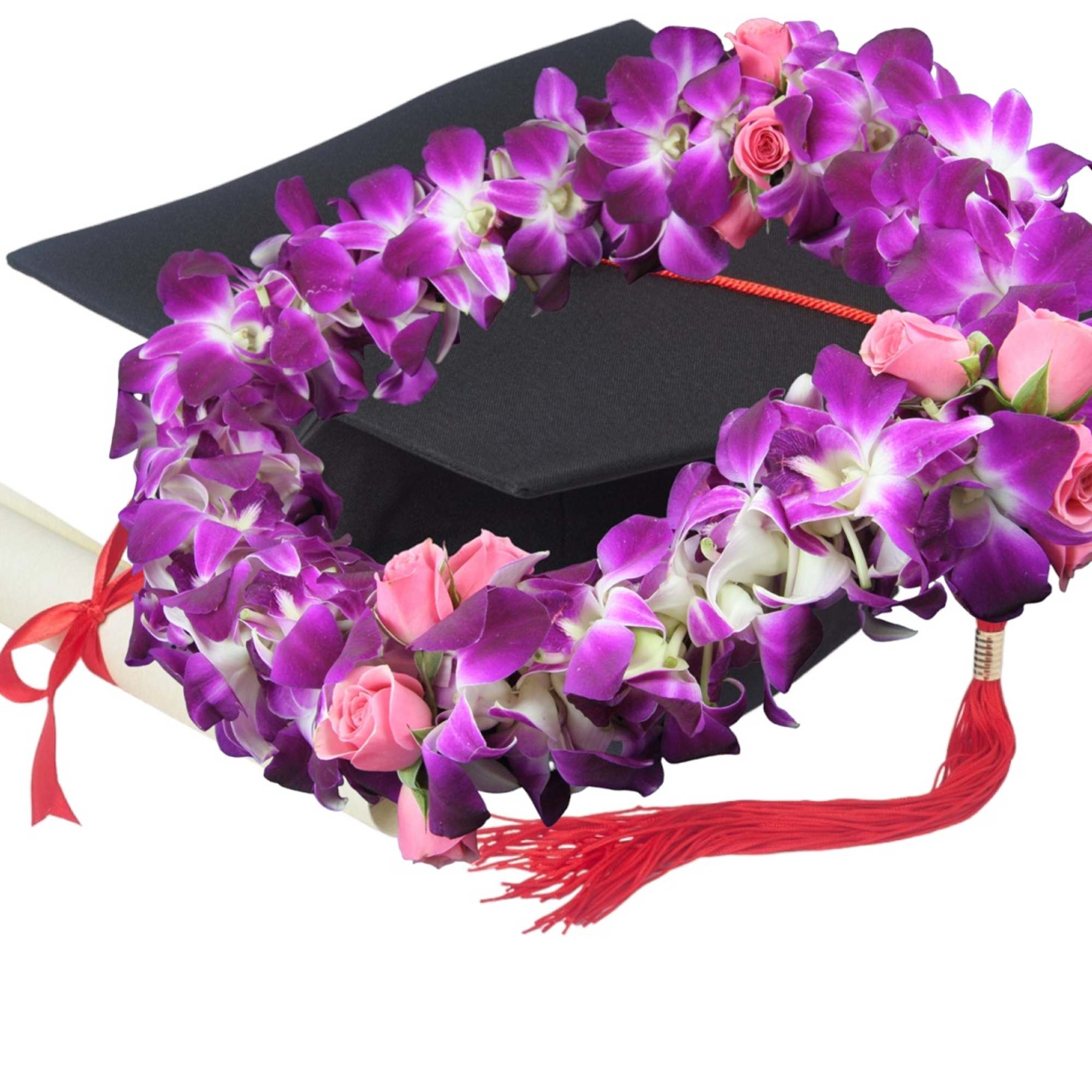 Graduation cap decorated with purple orchids and pink roses