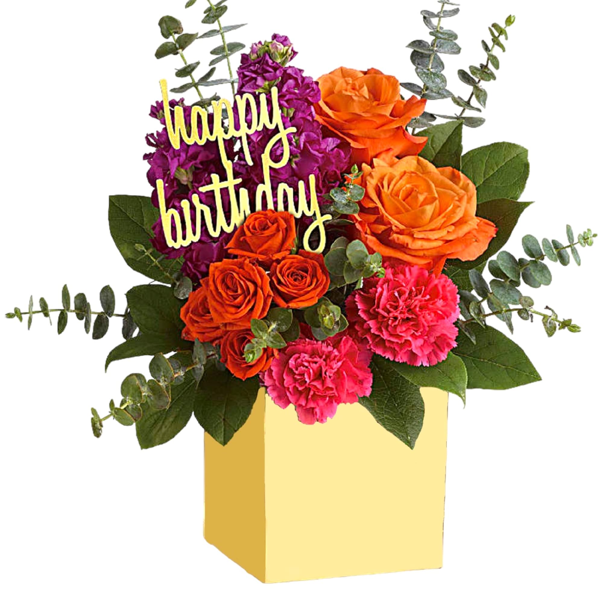 Birthday flower arrangement in a yellow box with roses and carnations