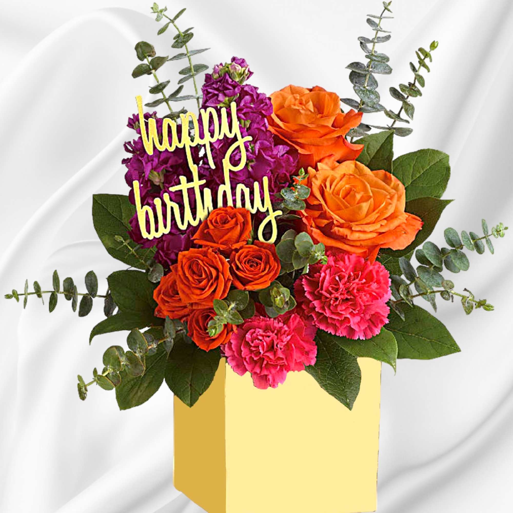Birthday flower arrangement in a yellow box with roses and carnations, photo 2 of 4