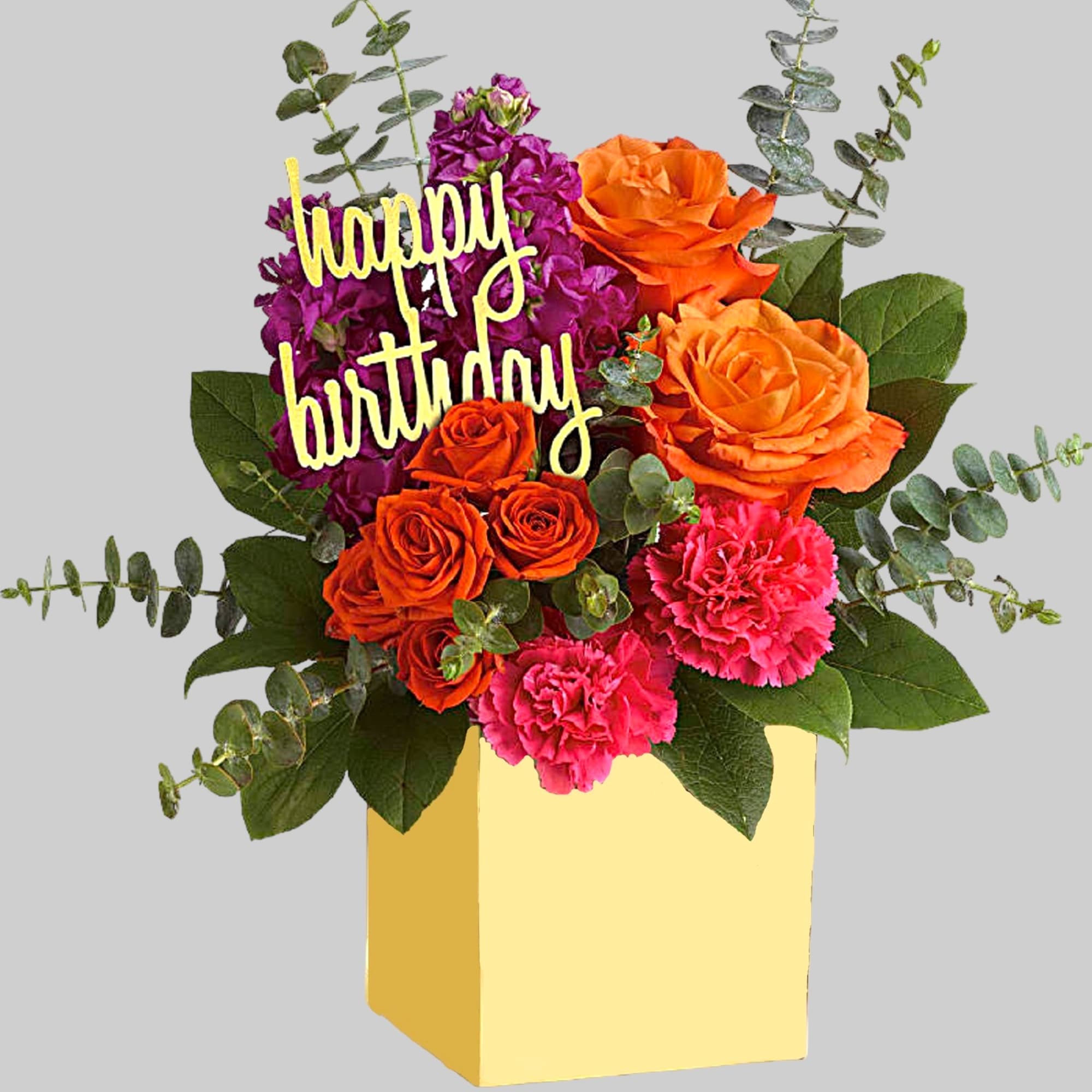 Birthday flower arrangement in a yellow box with roses and carnations, photo 4 of 4