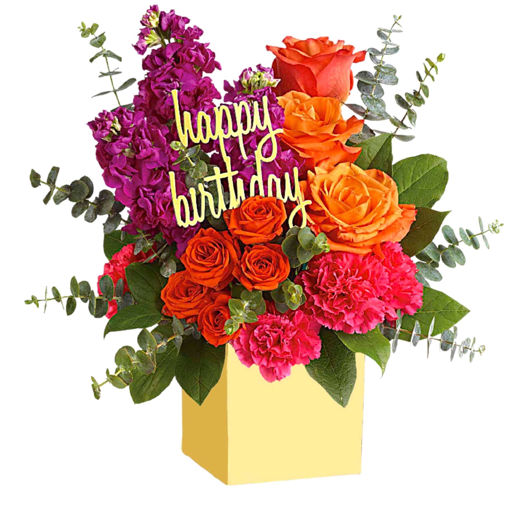 Birthday flower arrangement with roses and carnations in a yellow box