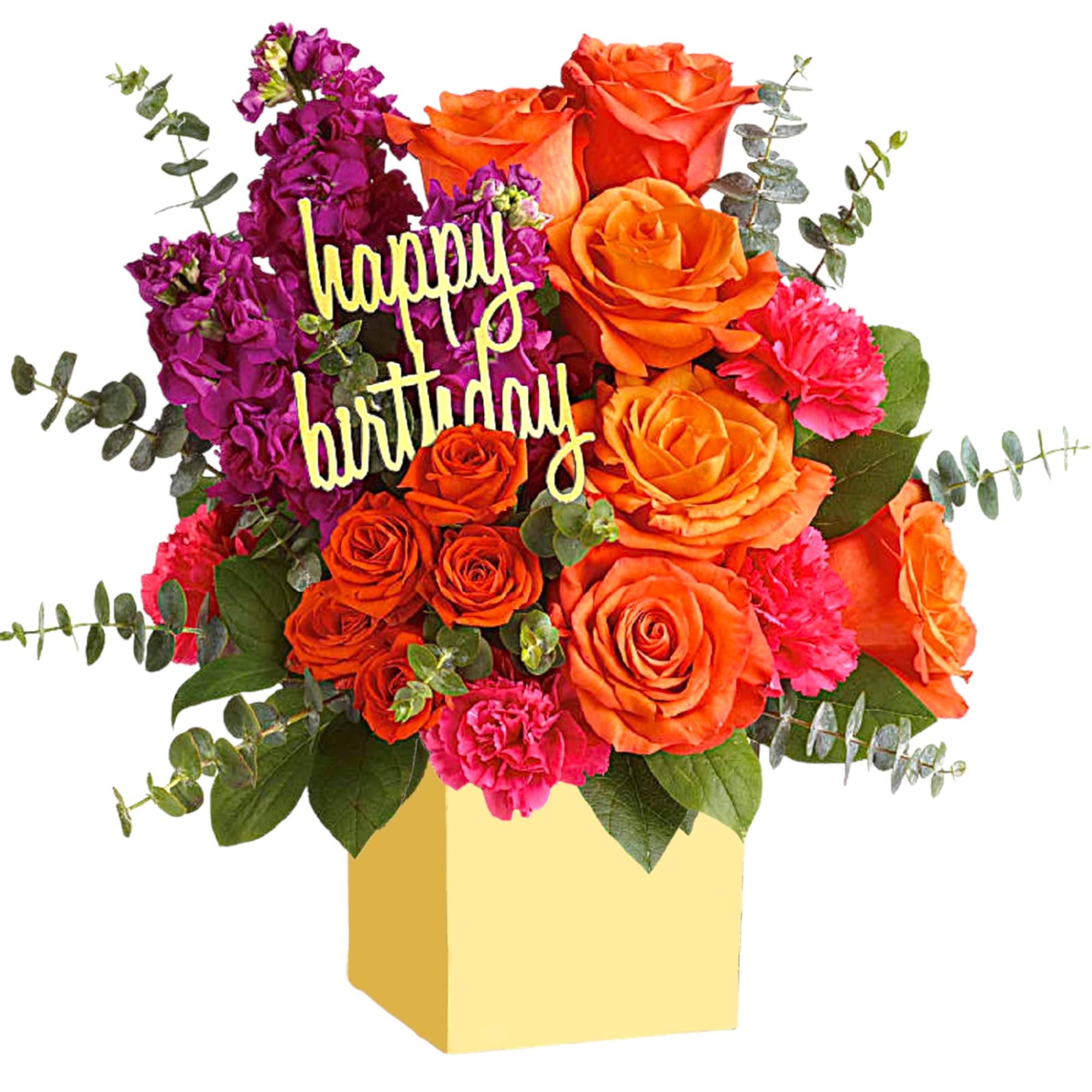 Bouquet of orange and pink flowers in a yellow box with a happy birthday sign