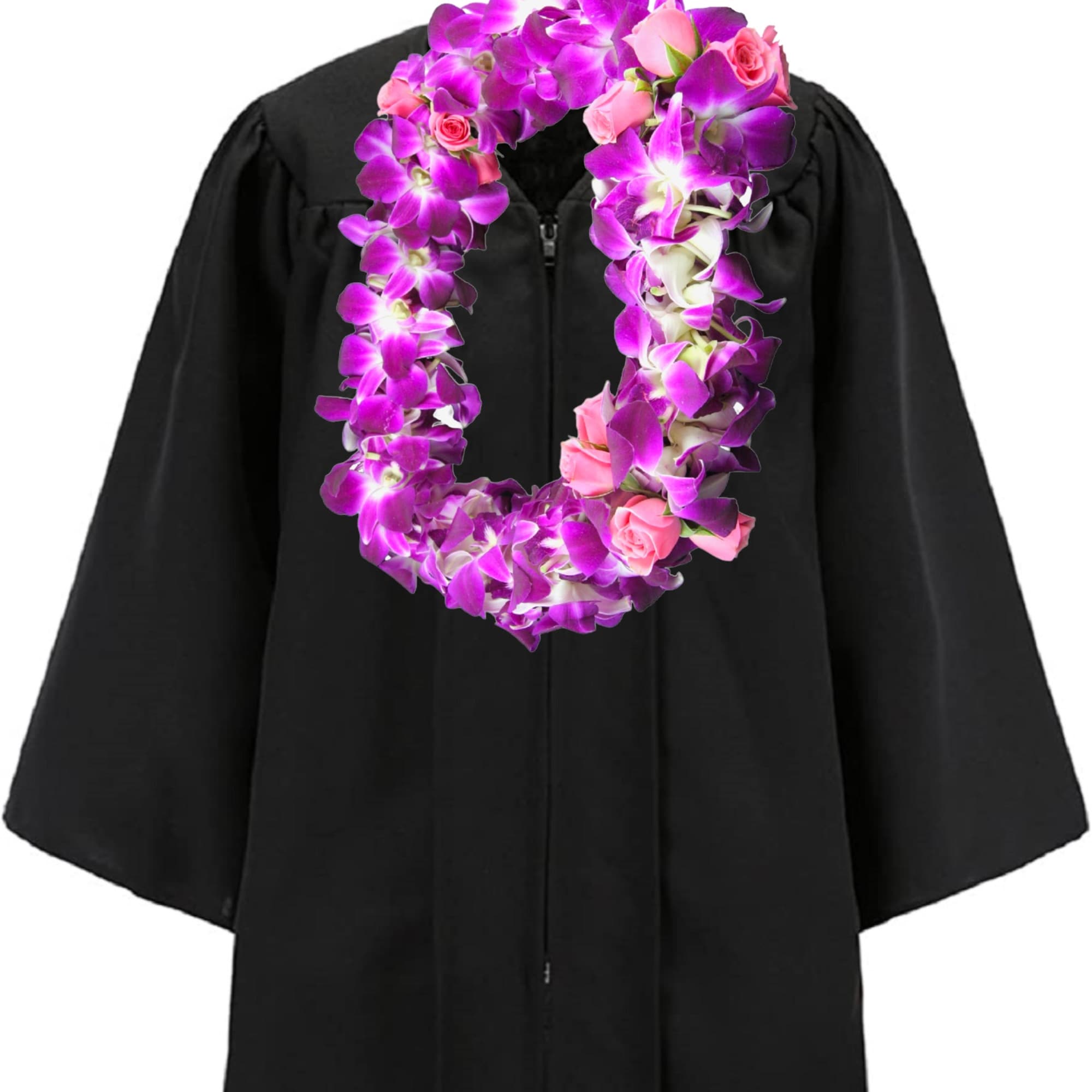 Black graduation gown with a purple and pink flower lei draped over it