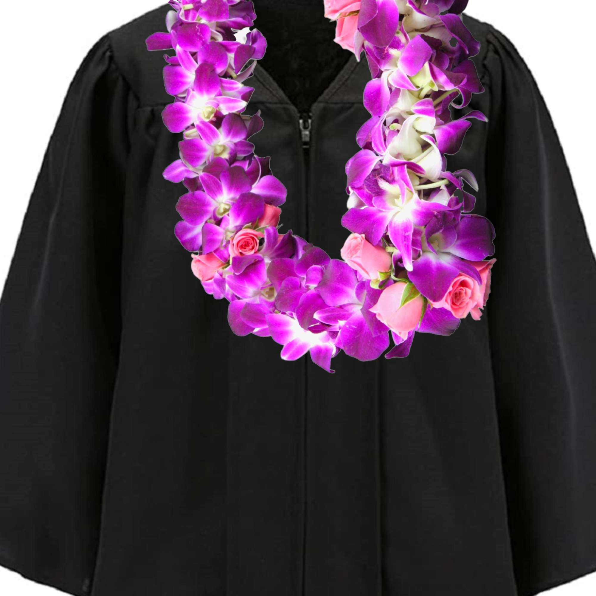 Black graduation gown with a purple and pink flower lei
