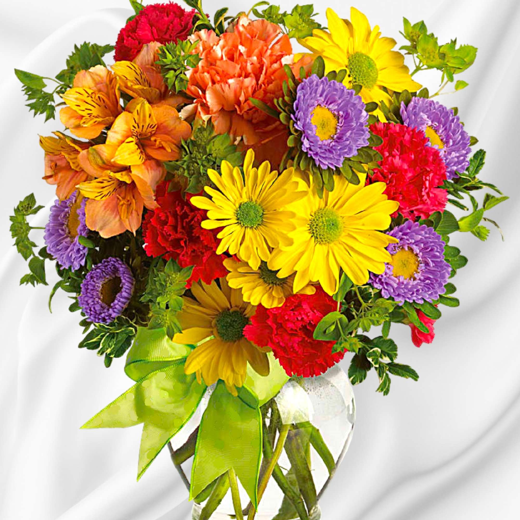 Colorful mixed bouquet in a clear glass vase with a green ribbon, photo 4 of 5