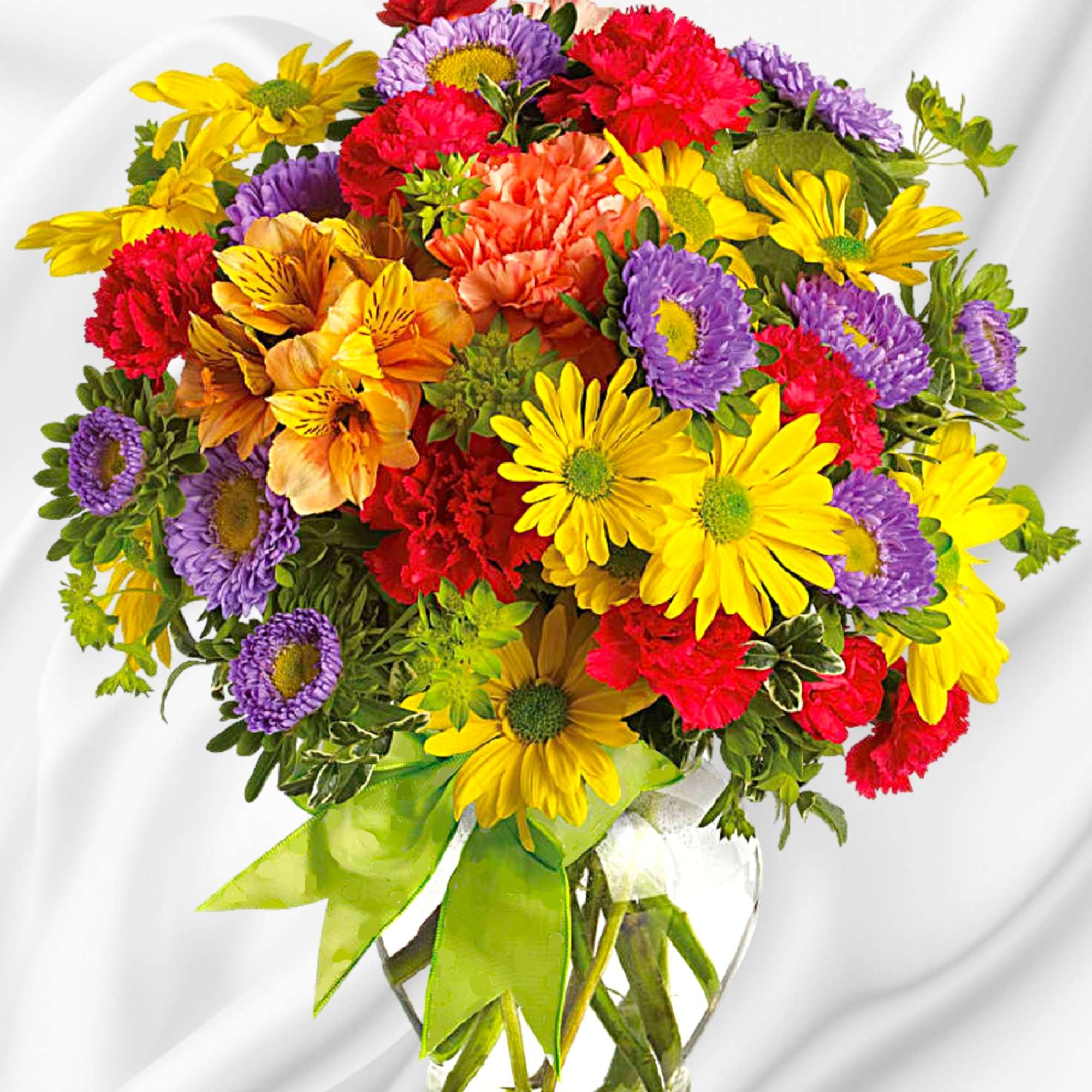 Colorful mixed bouquet in a clear glass vase with a green ribbon, photo 4 of 5