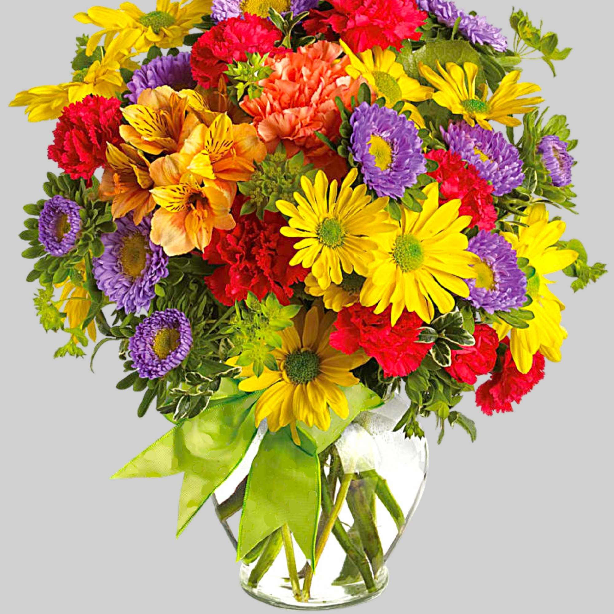 Colorful mixed bouquet in a clear glass vase with a green ribbon, photo 5 of 5