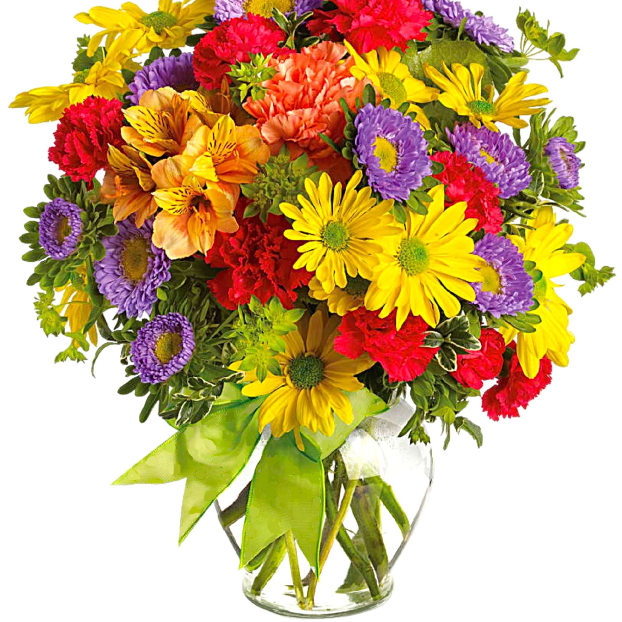 Colorful mixed bouquet in a clear glass vase with a green ribbon