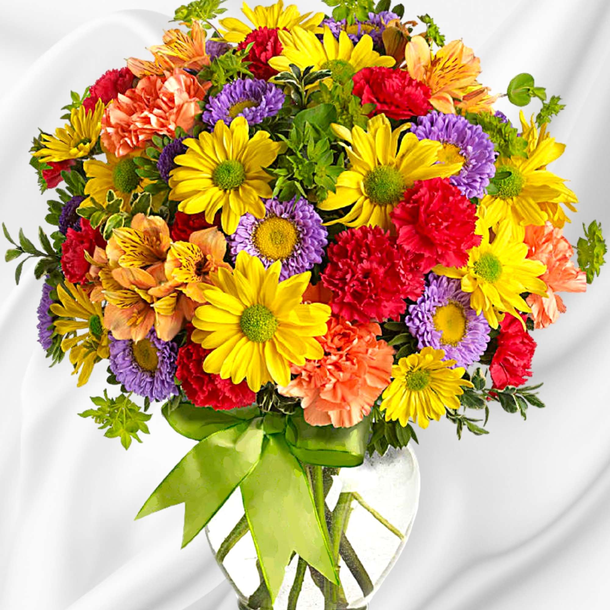 Colorful mixed bouquet in a clear glass vase with a green ribbon, photo 4 of 6