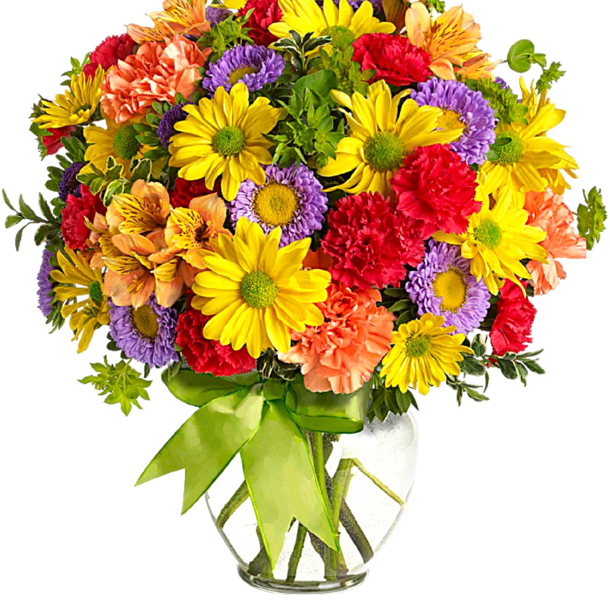 Colorful mixed bouquet in a clear glass vase with a green ribbon