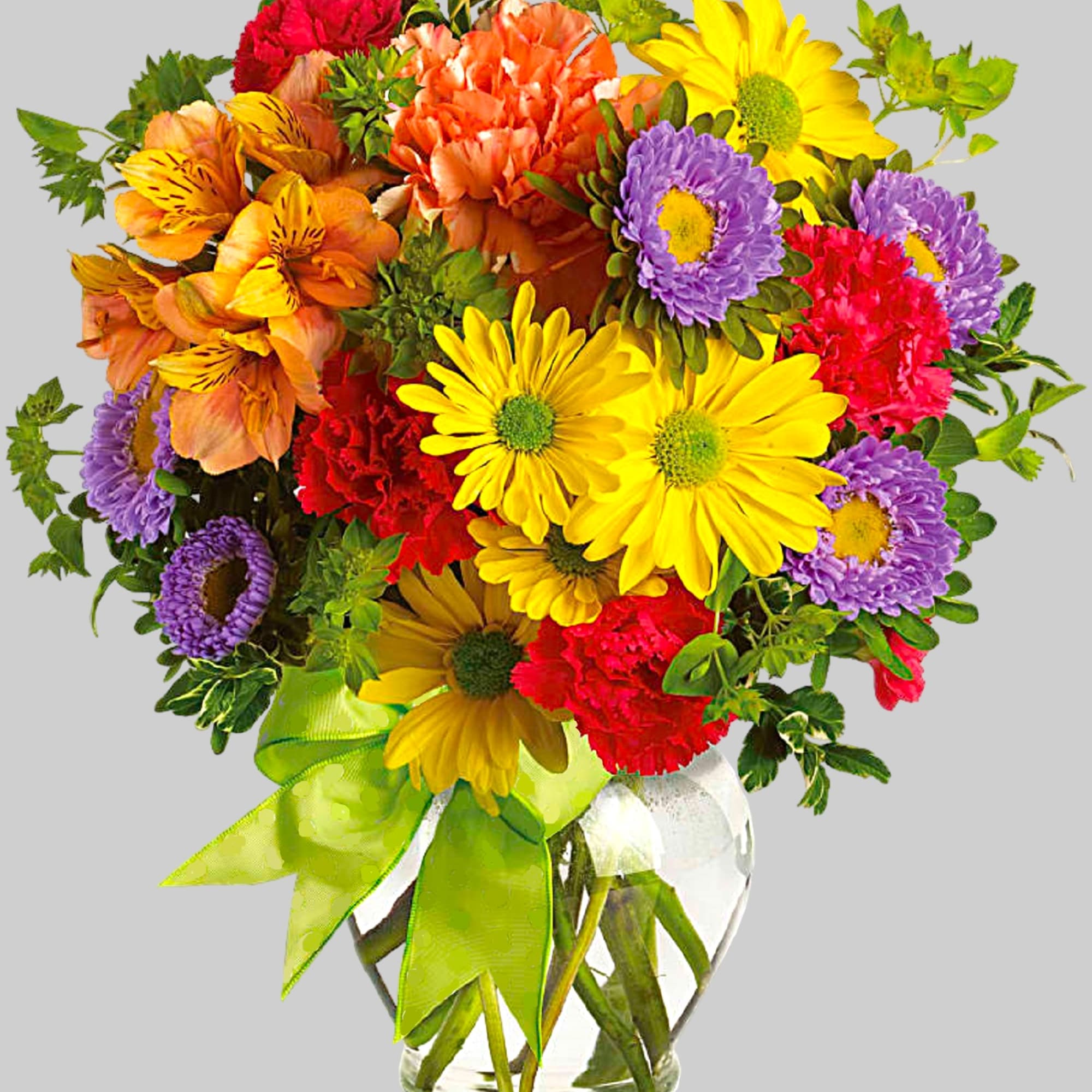 Colorful mixed bouquet in a clear glass vase with a green ribbon, photo 5 of 5