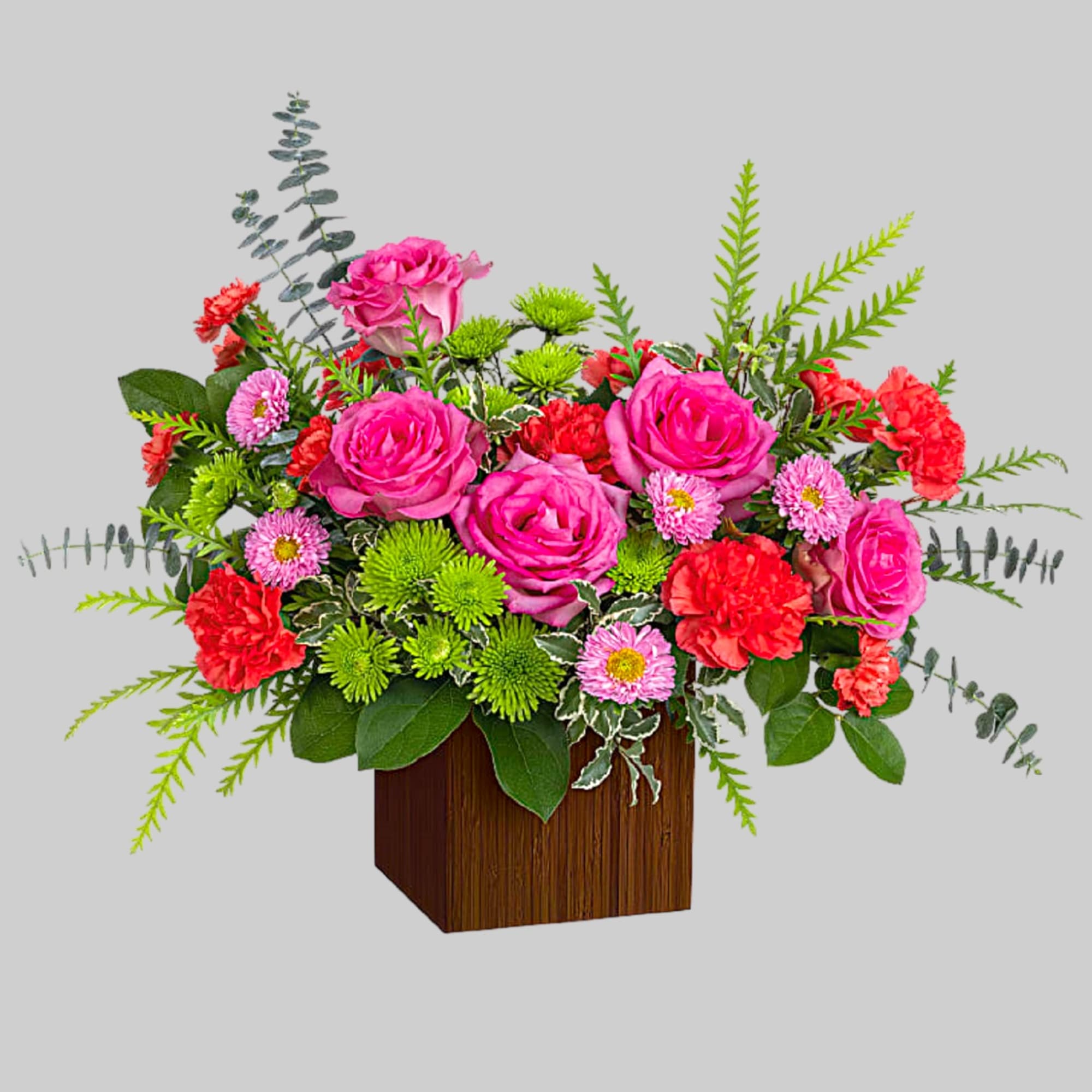 Pink roses and red carnations in a wooden cube vase, photo 4 of 4