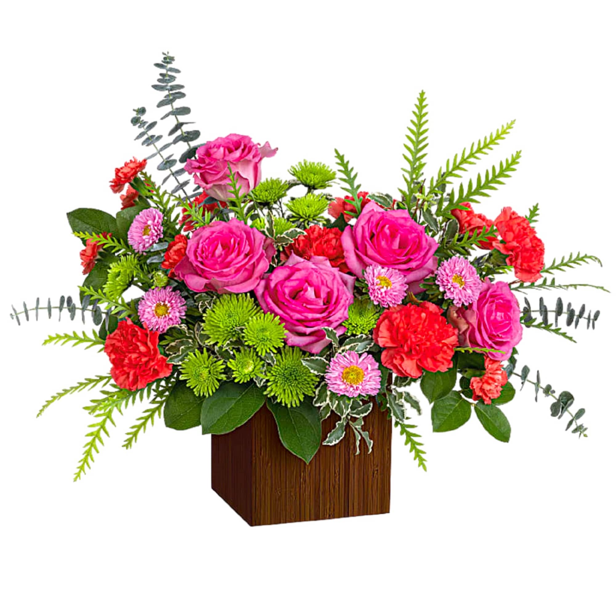 Pink roses and red carnations in a wooden cube vase