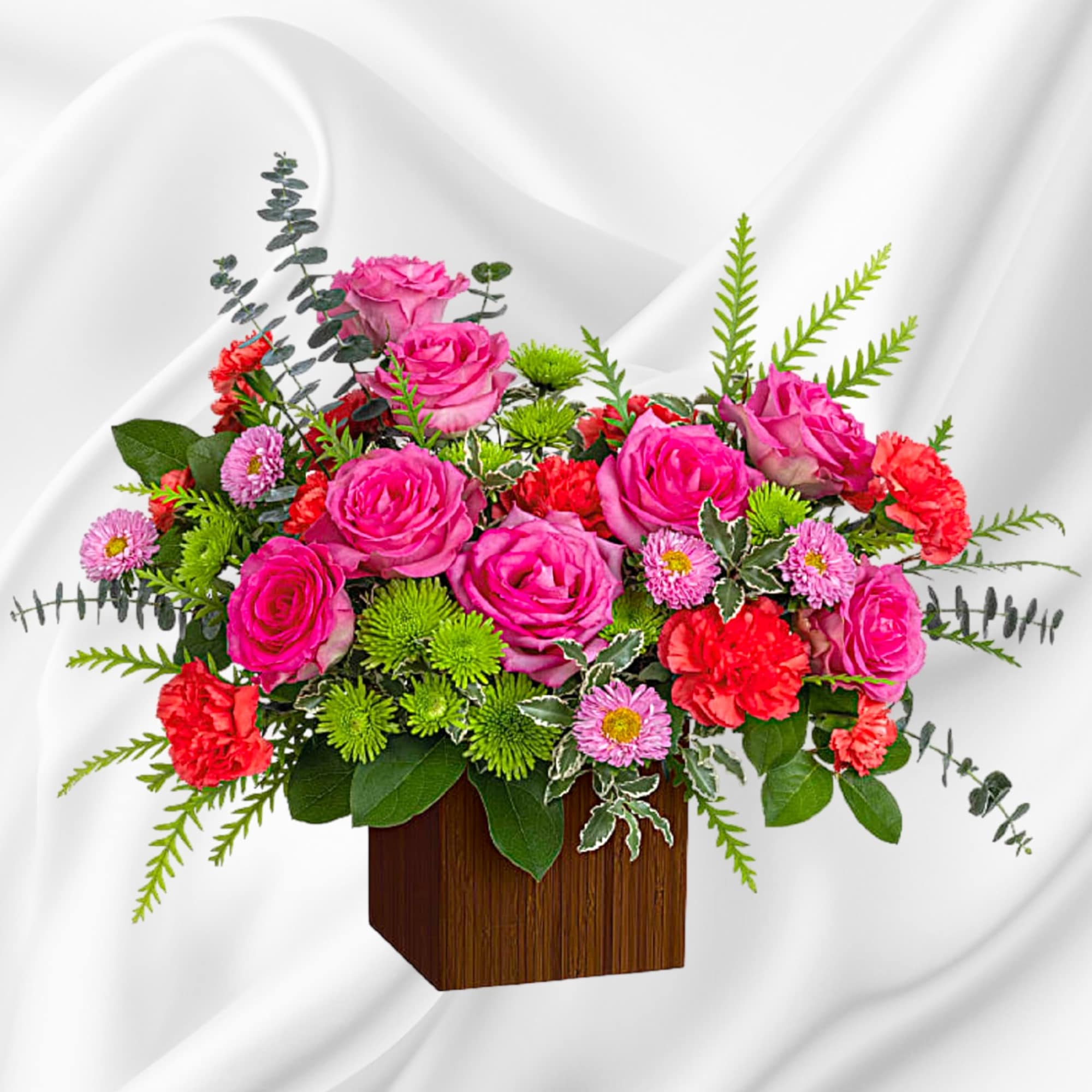 Pink roses and red carnations in a wooden cube vase, photo 2 of 4