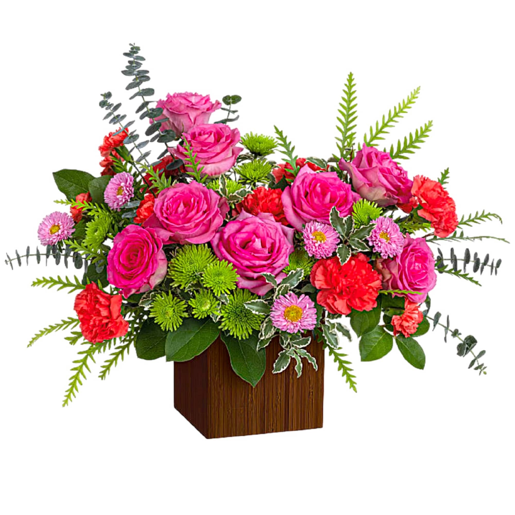 Pink roses and red carnations in a wooden cube vase