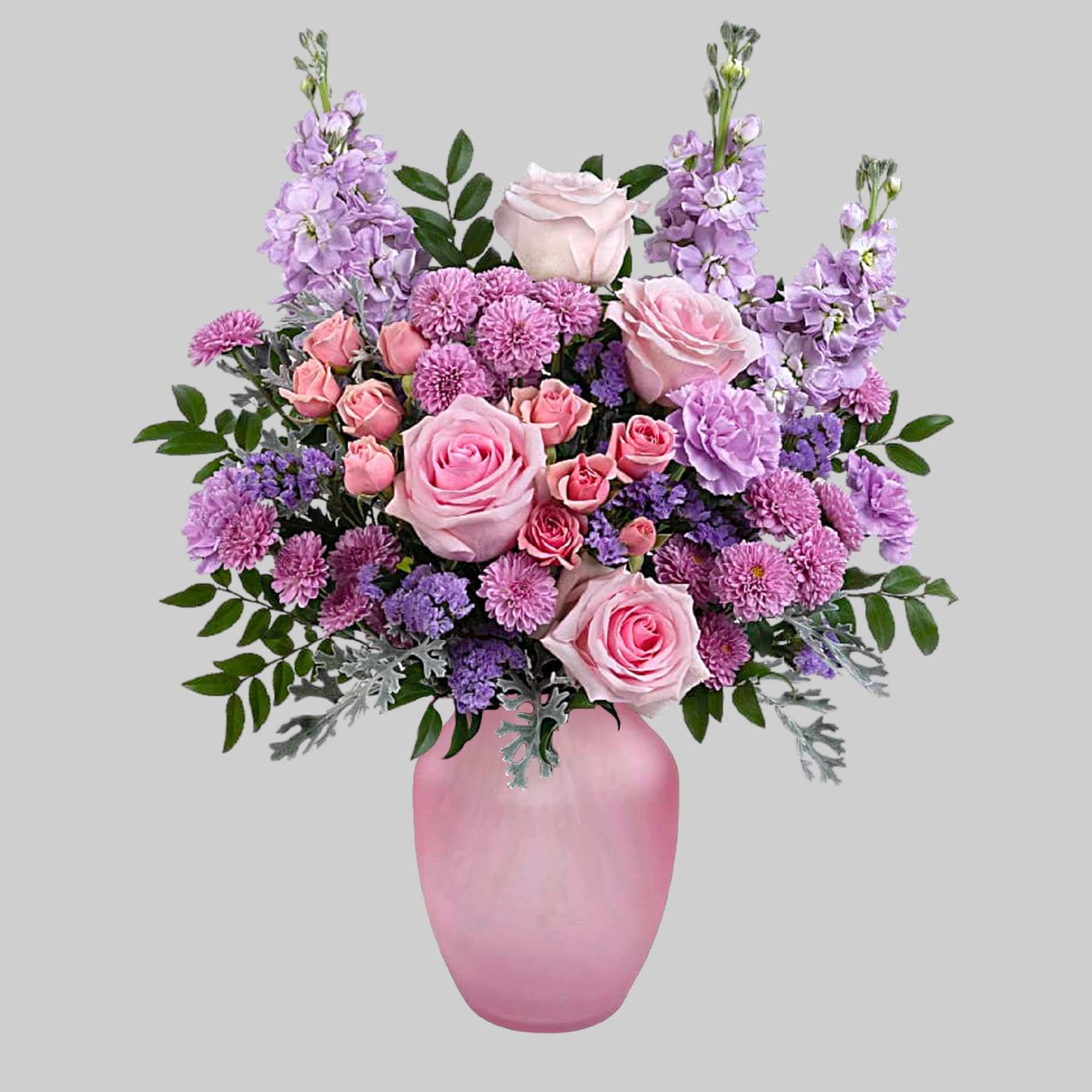 Pink and lavender flower arrangement in a pink vase, photo 2 of 4