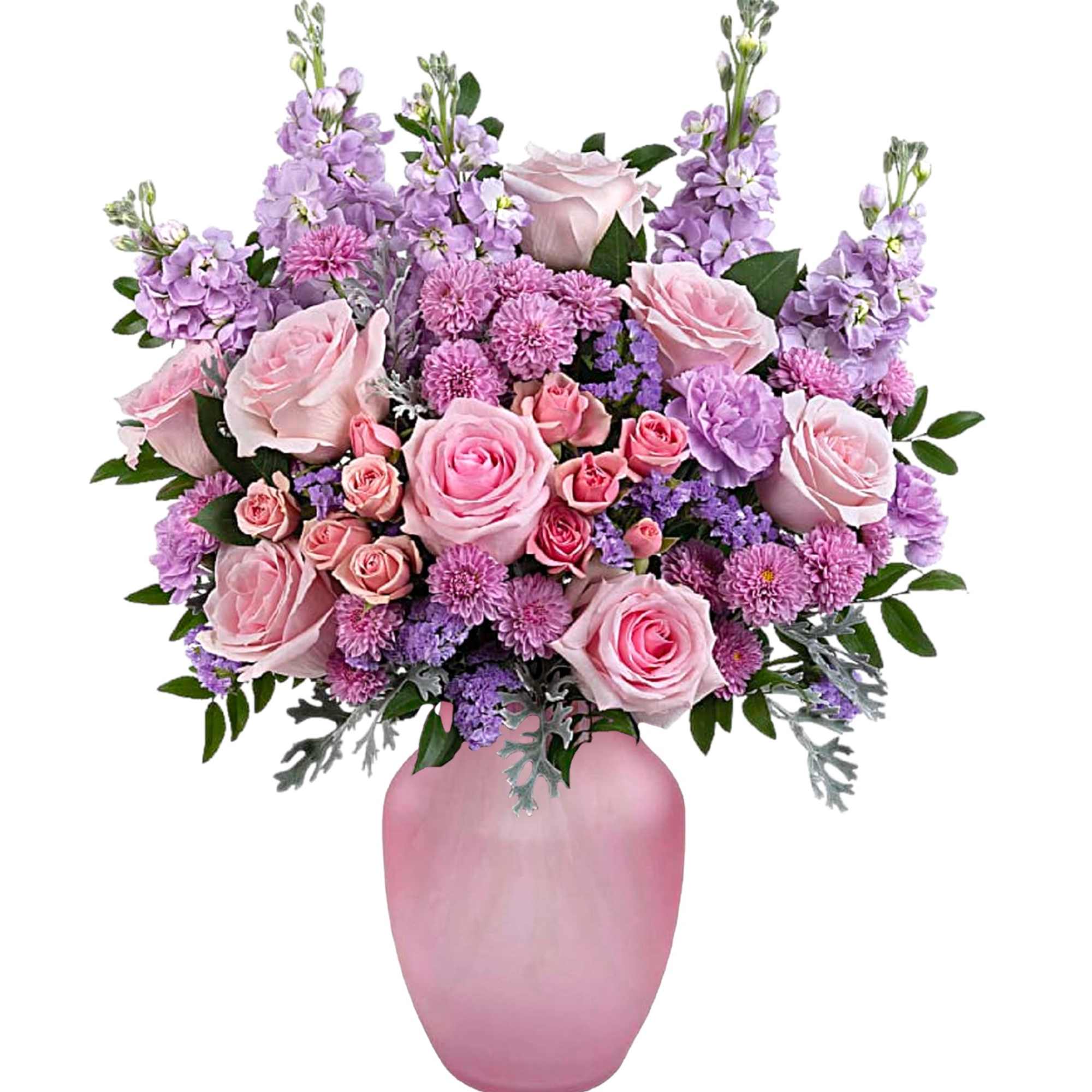 Pink and lavender bouquet in a pink vase