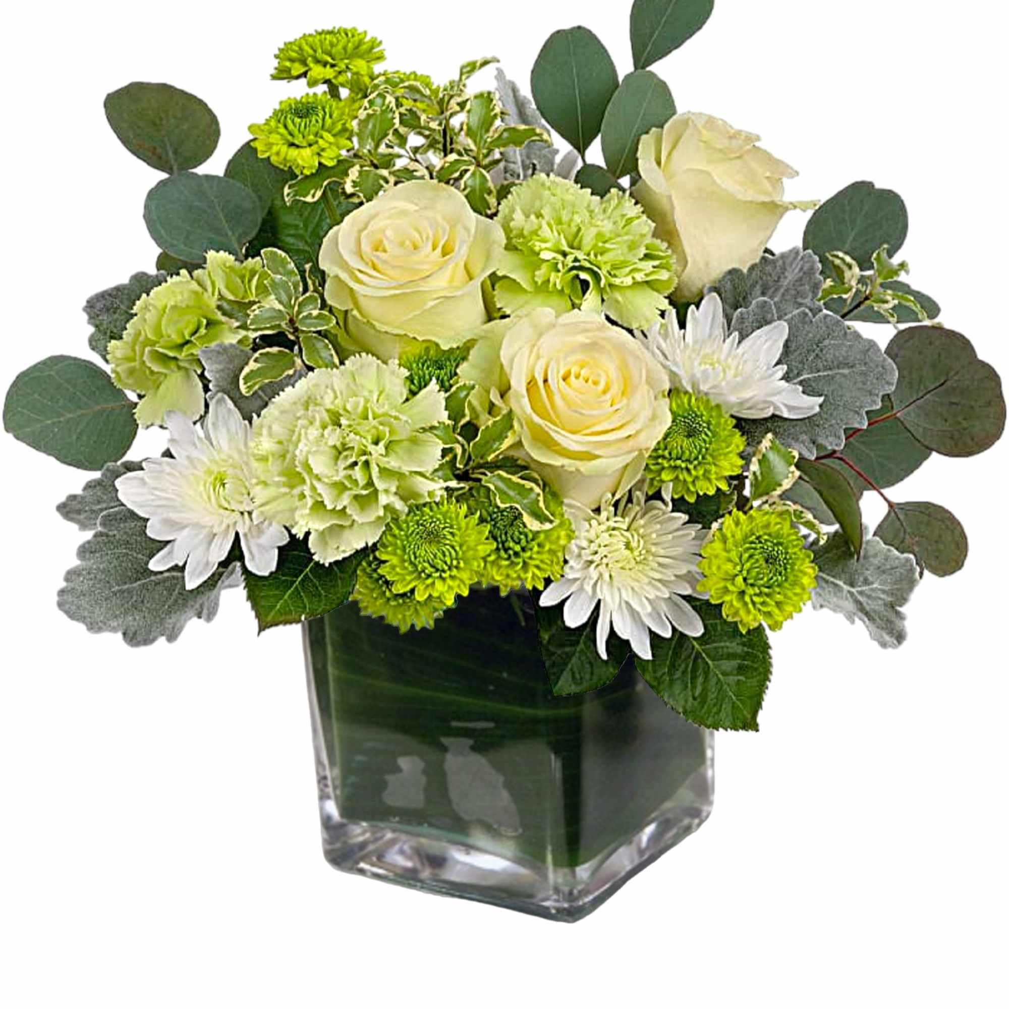 Cream roses and green-white mums in a square glass vase