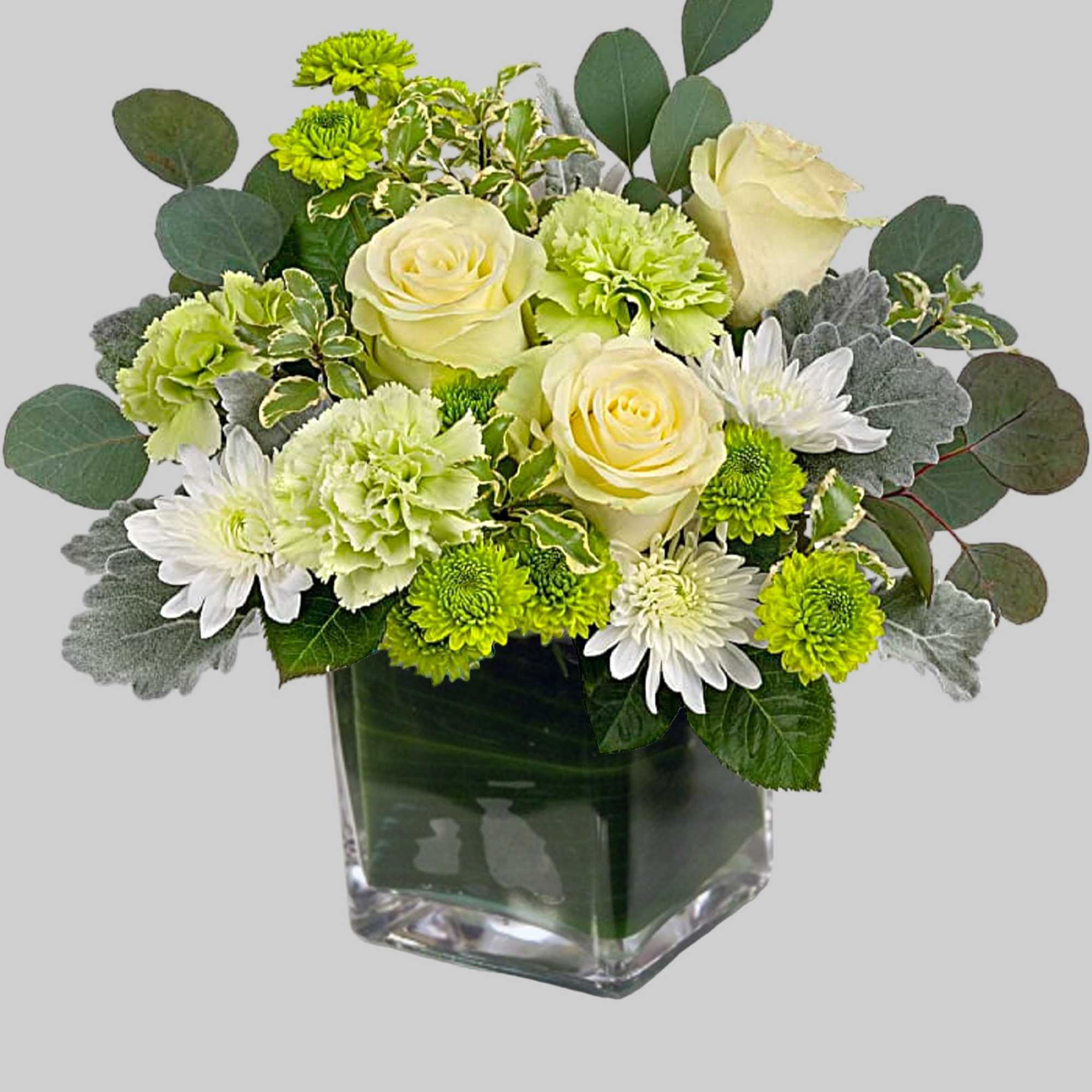 Cream roses and green-white mums in a clear glass vase