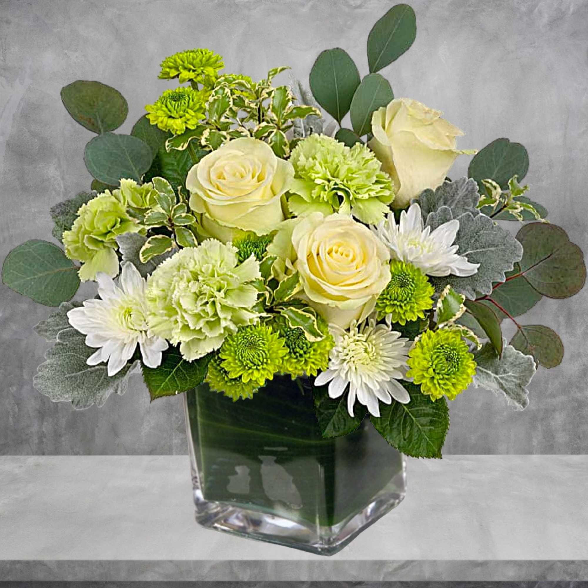 Cream roses and green chrysanthemums in a clear square vase