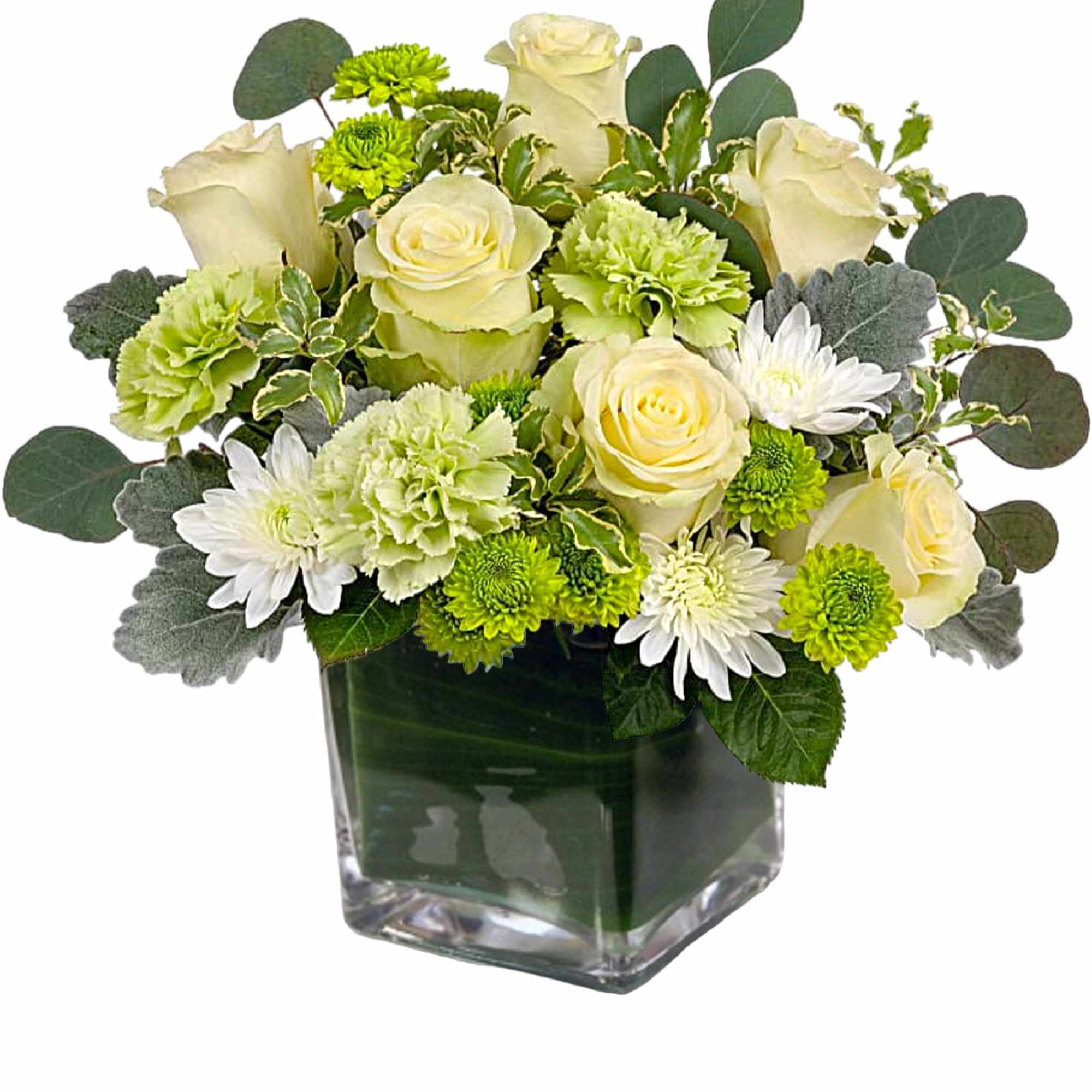 Cream roses and green-white flowers in a square glass vase