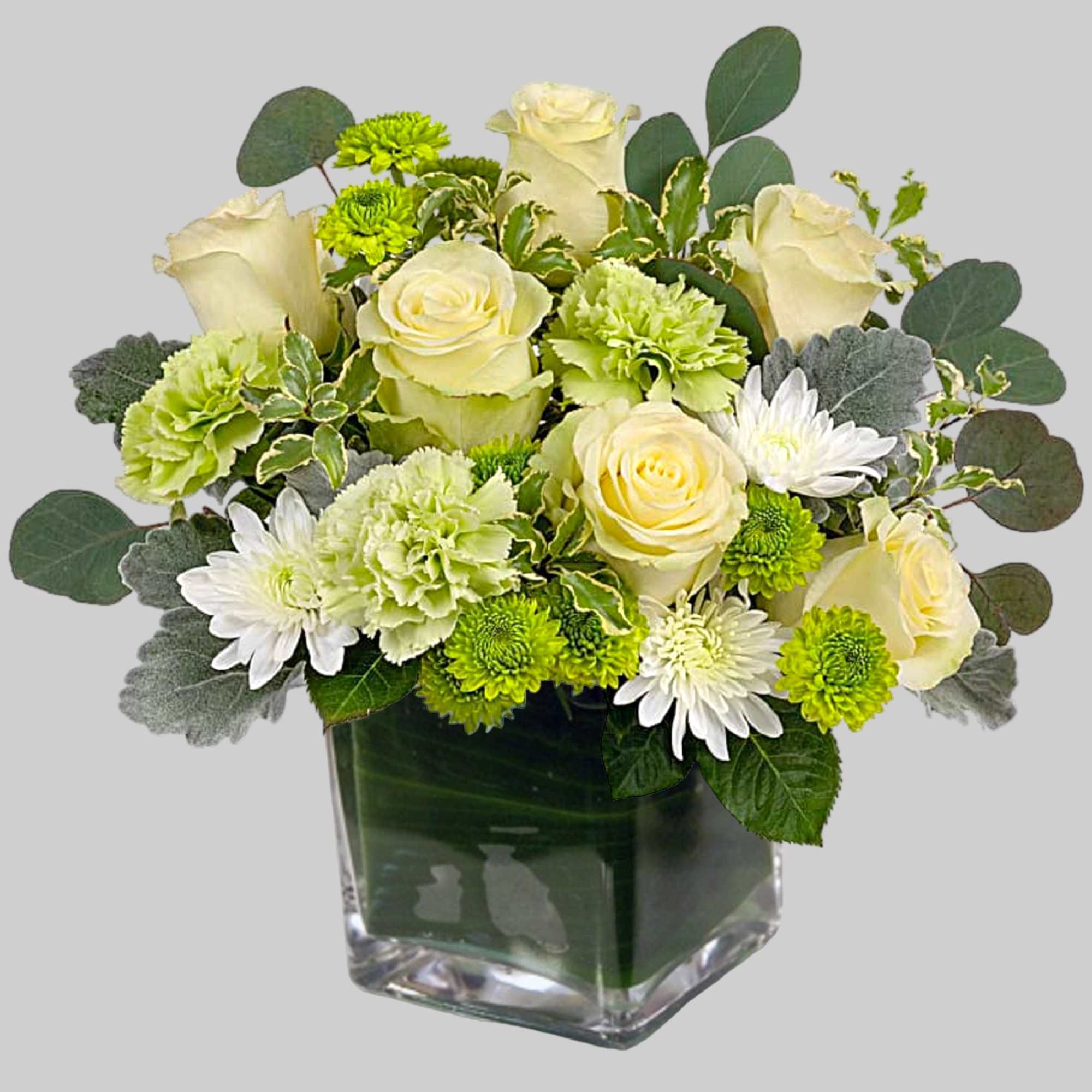 Cream roses and green-white mums in a square glass vase, photo 4 of 4