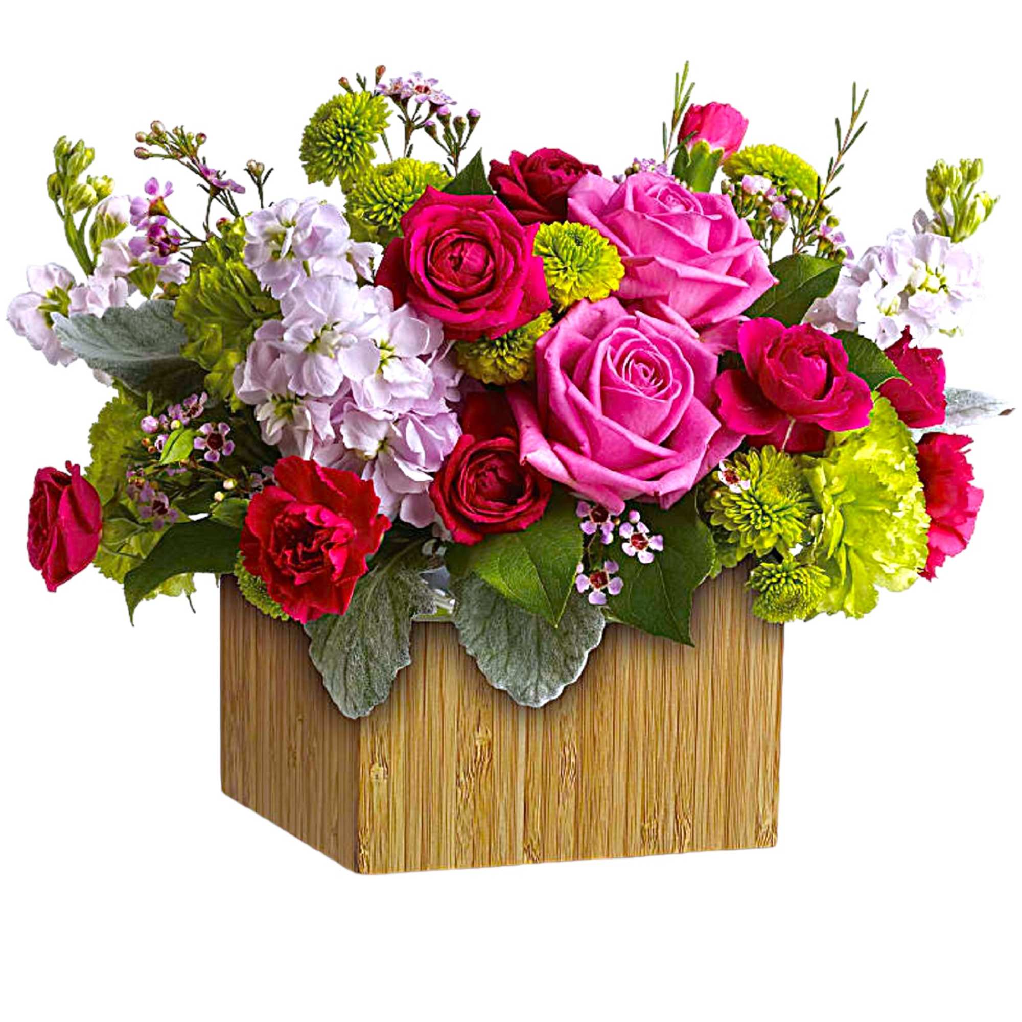 Bright mixed flower arrangement in a square wooden box