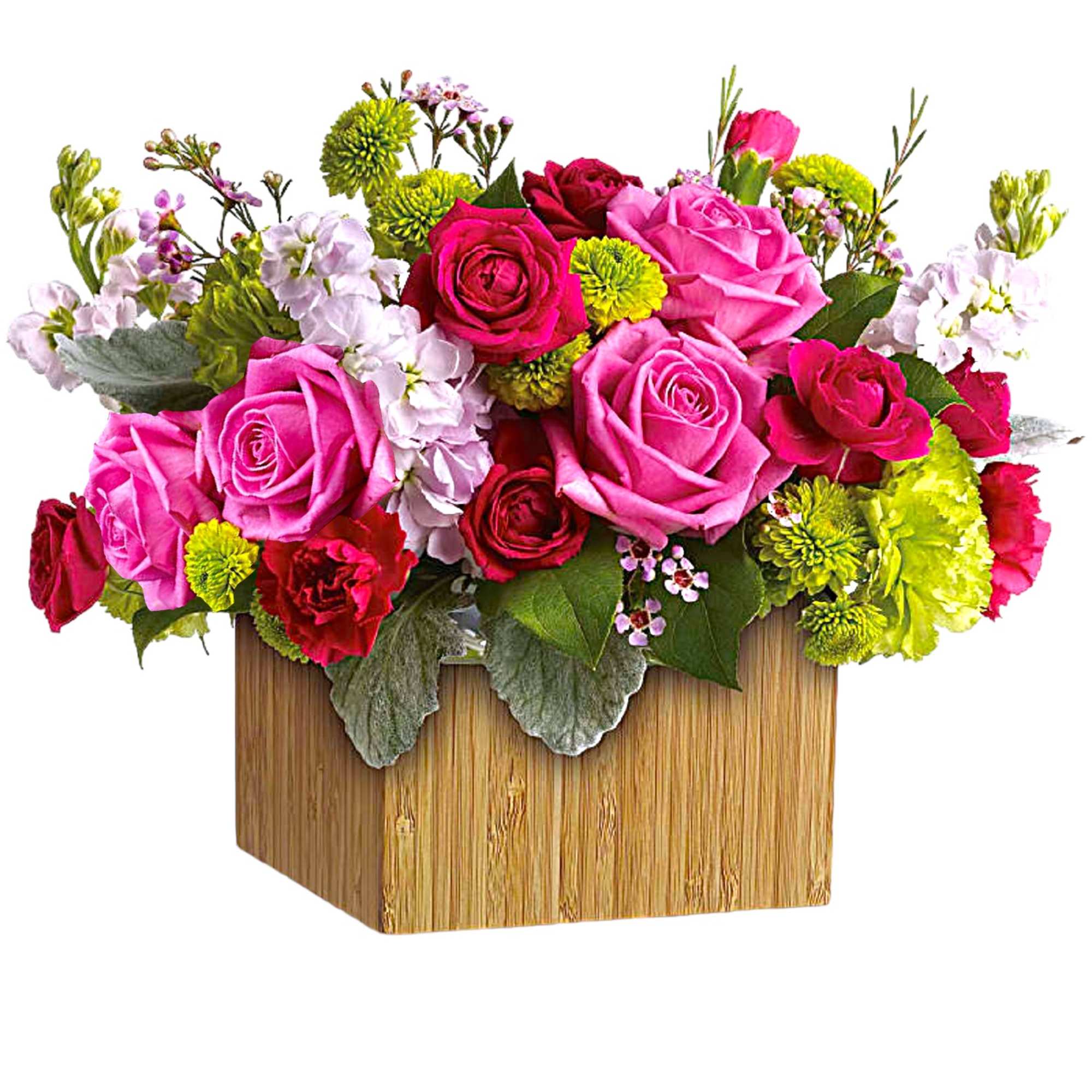 Bright pink and red roses arranged in a wooden box with small accent flowers.