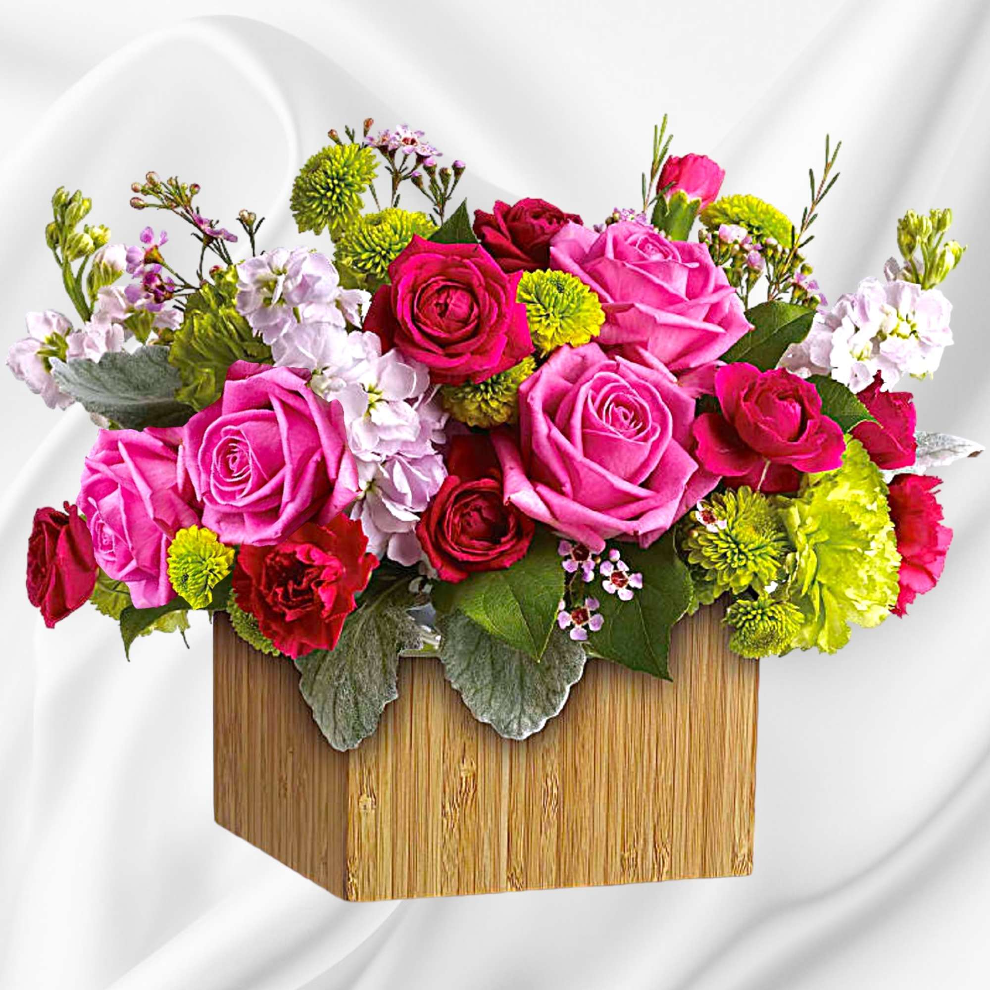 Pink and red roses with green mums in a wooden box, photo 2 of 4