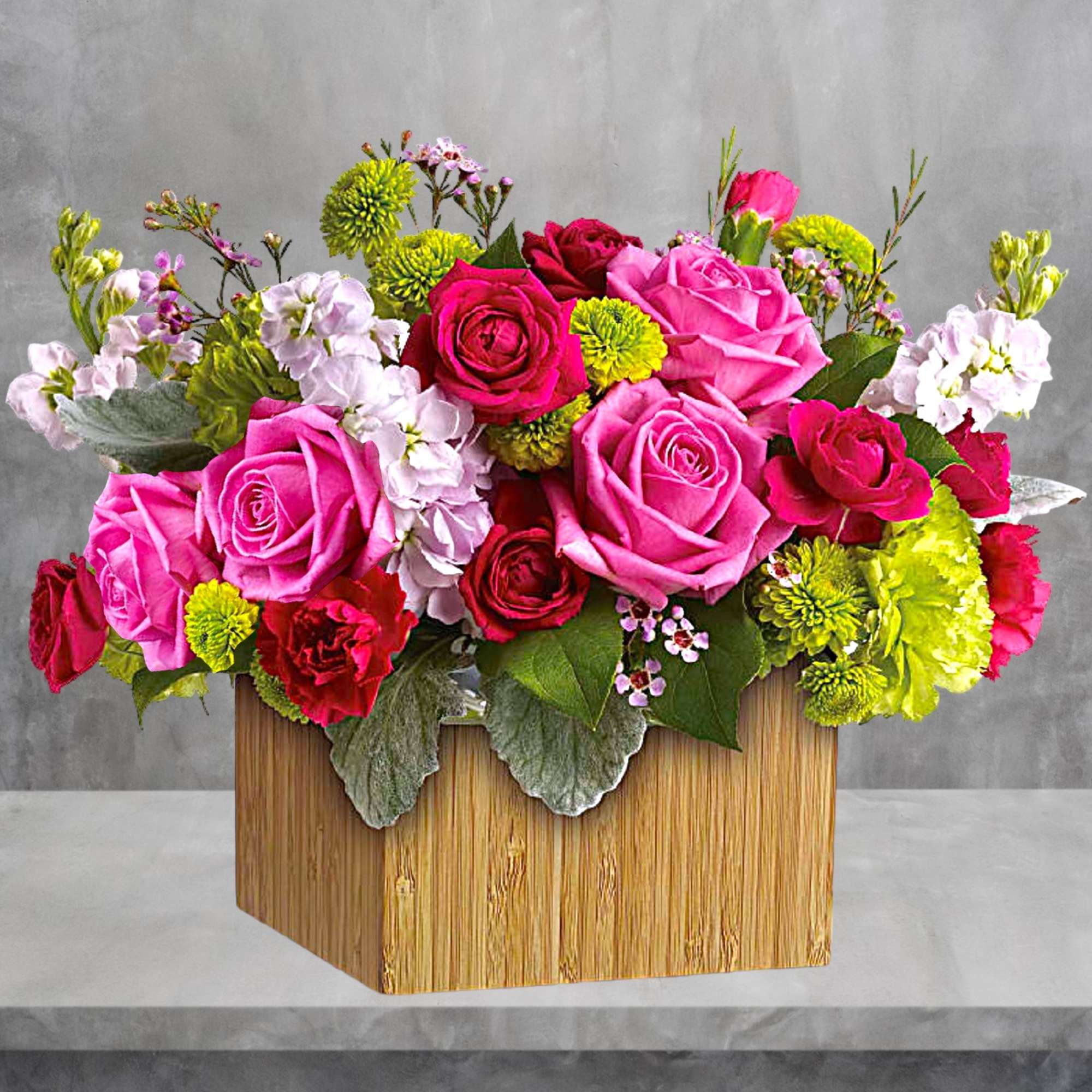 Pink and red roses with green mums in a wooden box, photo 3 of 4